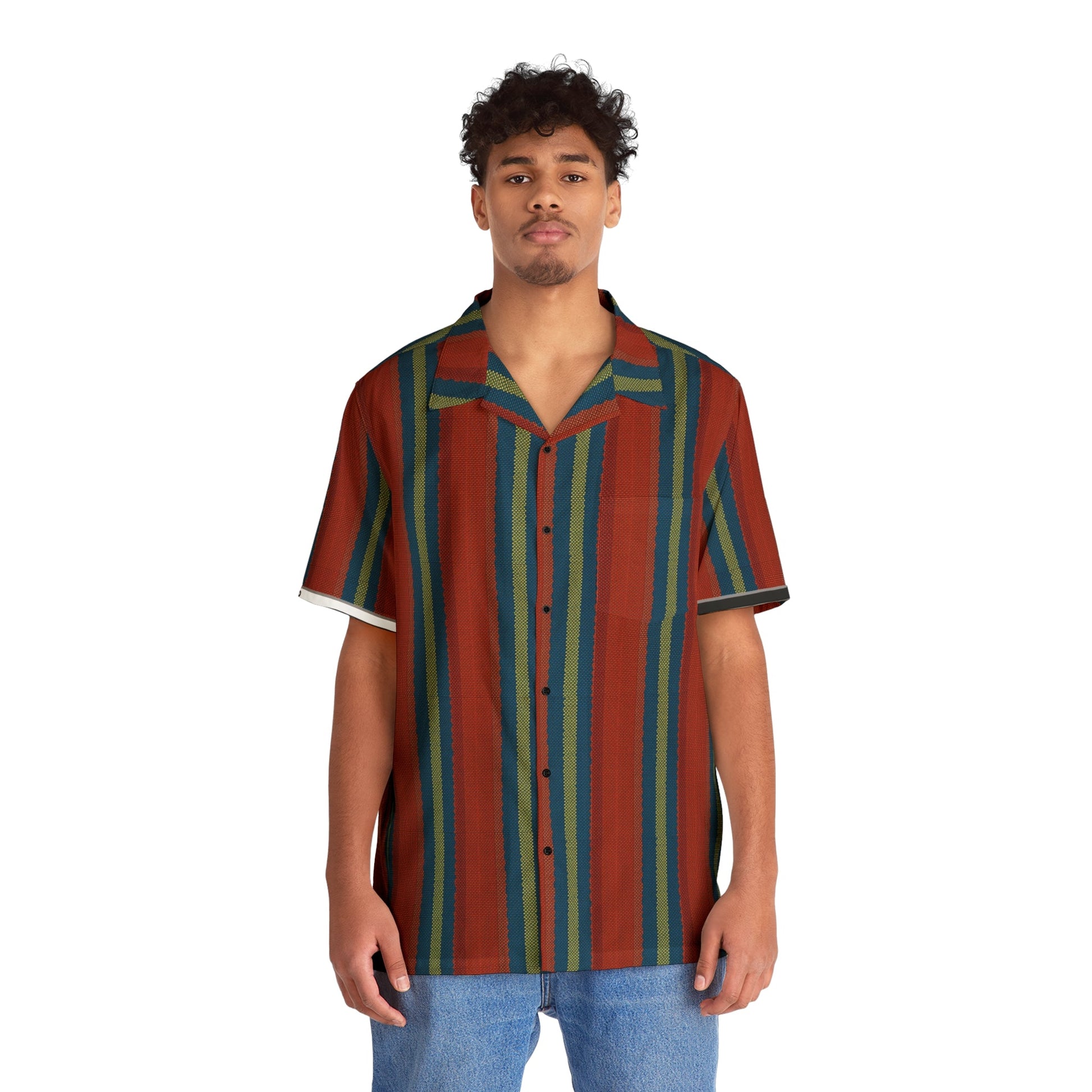 Men's Retro Stripe Hawaiian Shirt — Red Teal Camp-Collar Aloha Printify bakabo.club