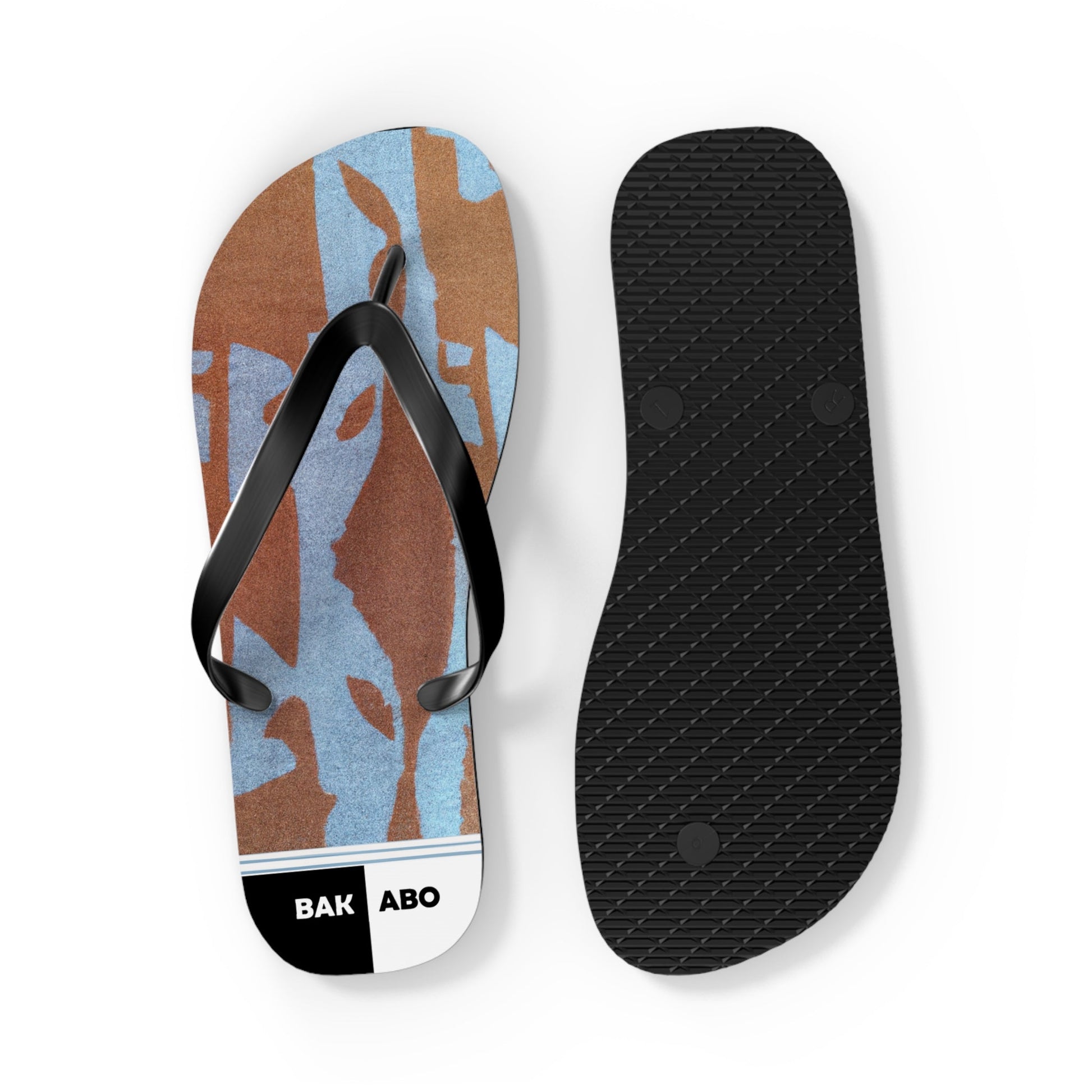 Camo Coastal Flip Flops — Blue & Brown Beach Sandals with 'BAK ABO' Accent Printify bakabo.club