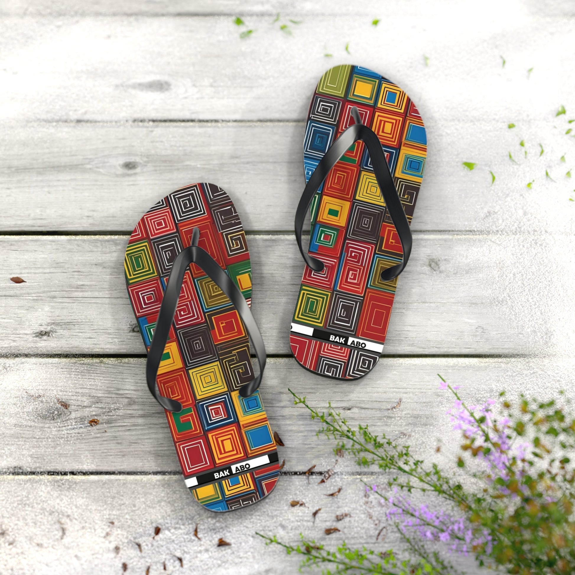 Colorful Geometric Square Flip Flops — Retro Pattern Beach Sandals Printify bakabo.club