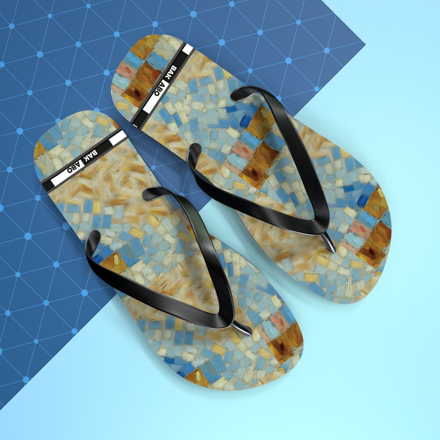Mosaic Tile Flip Flops — Blue & Sand Beach Sandals Printify bakabo.club