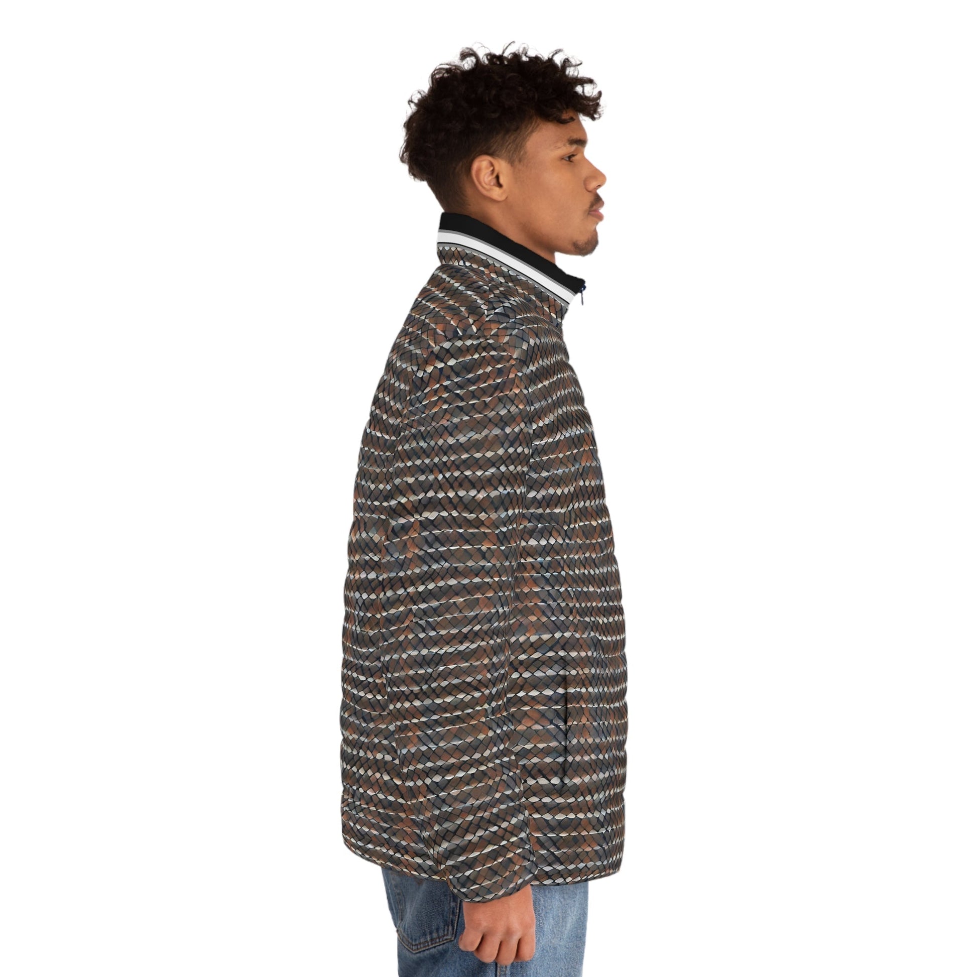 Puffer Jacket — Textured Brown Plaid All-Over Print