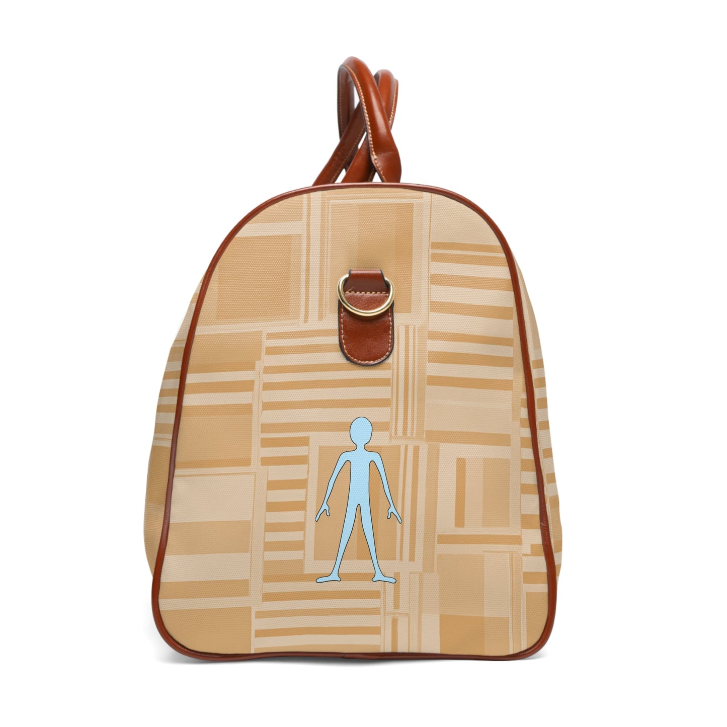 Waterproof Travel Bag — Beige Geometric Weekender with Blue Stick Figure Printify bakabo.club