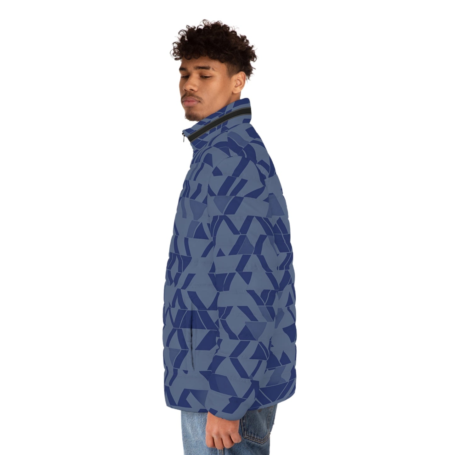 Blue Geometric Pattern Men's Puffer Jacket Printify bakabo.club