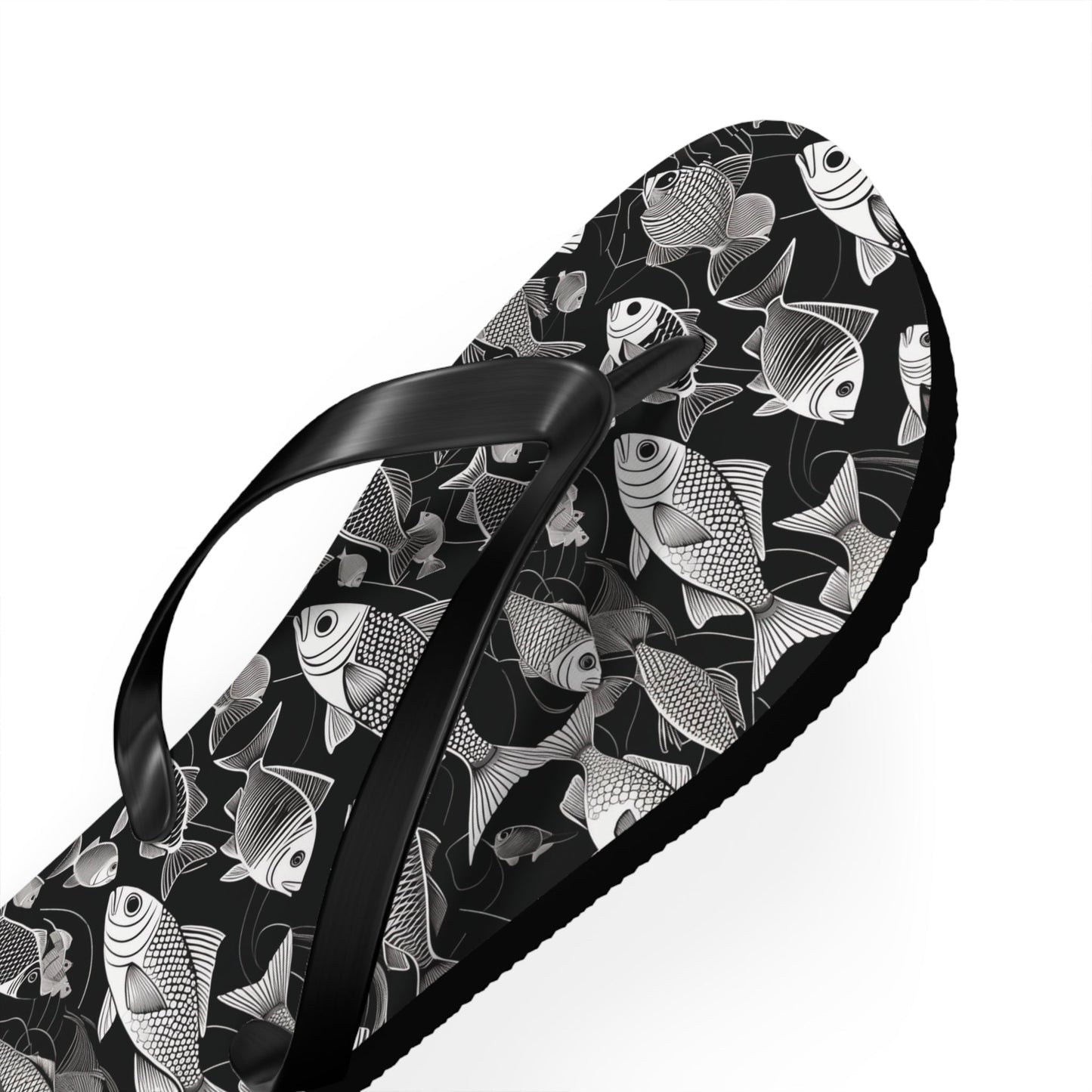 Tropical Fish Flip Flops — Black & White Beach Sandals with Fish Pattern Printify bakabo.club