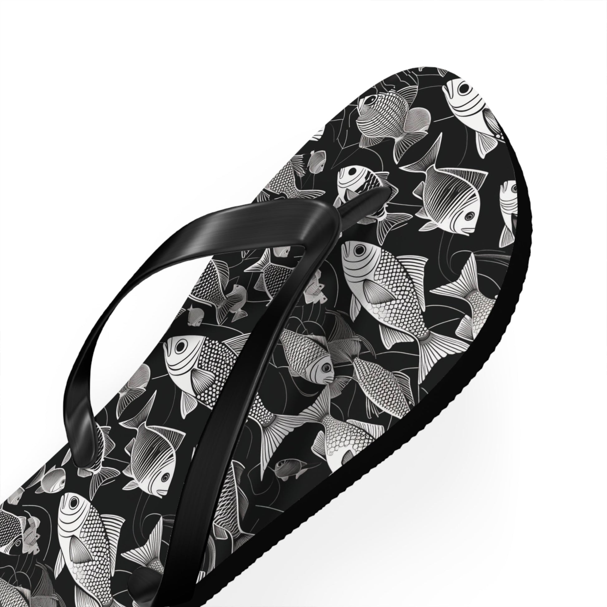 Tropical Fish Flip Flops — Black & White Beach Sandals with Fish Pattern Printify bakabo.club