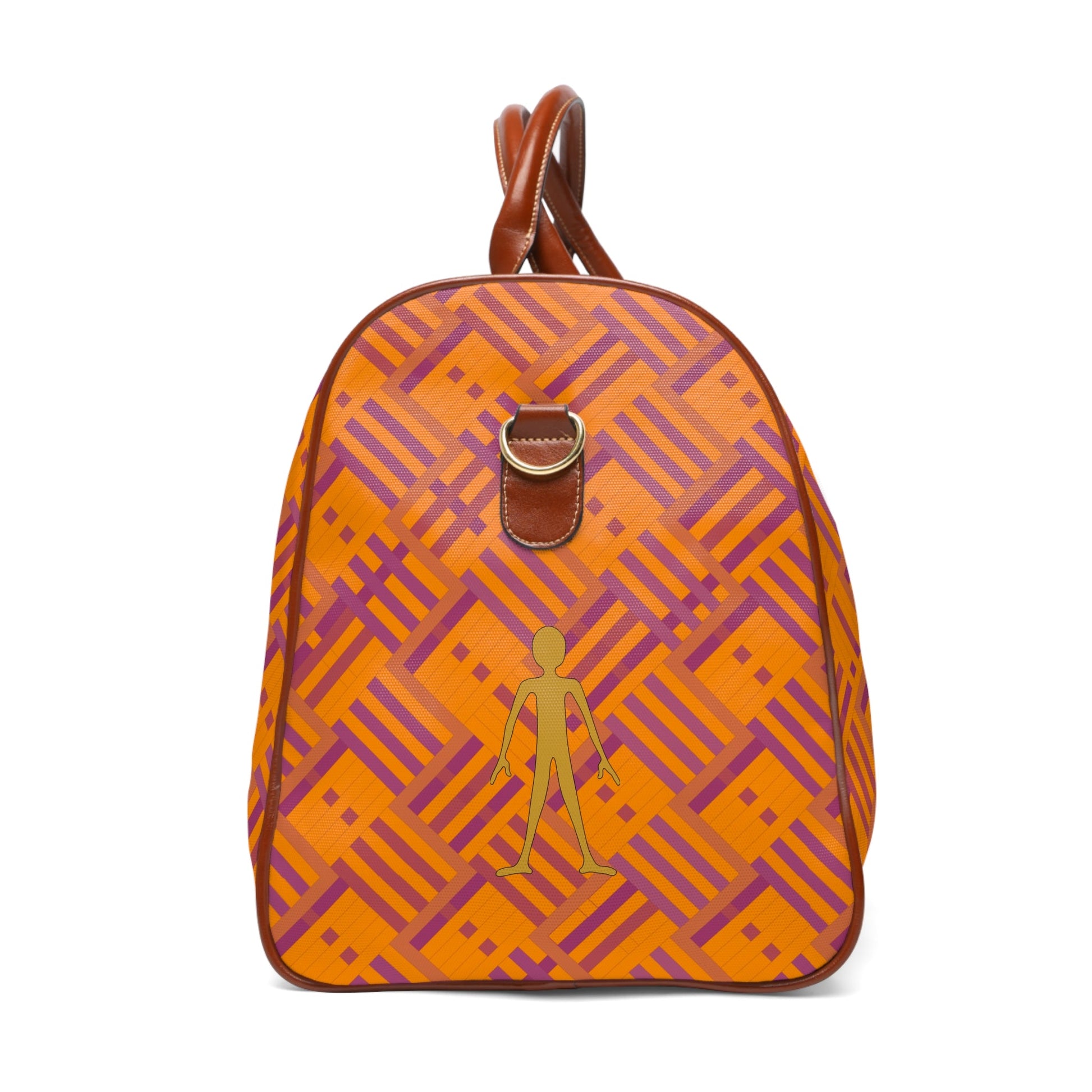 Waterproof Travel Bag - Orange Geometric Duffle with Gold Stick Figure Accent Printify bakabo.club
