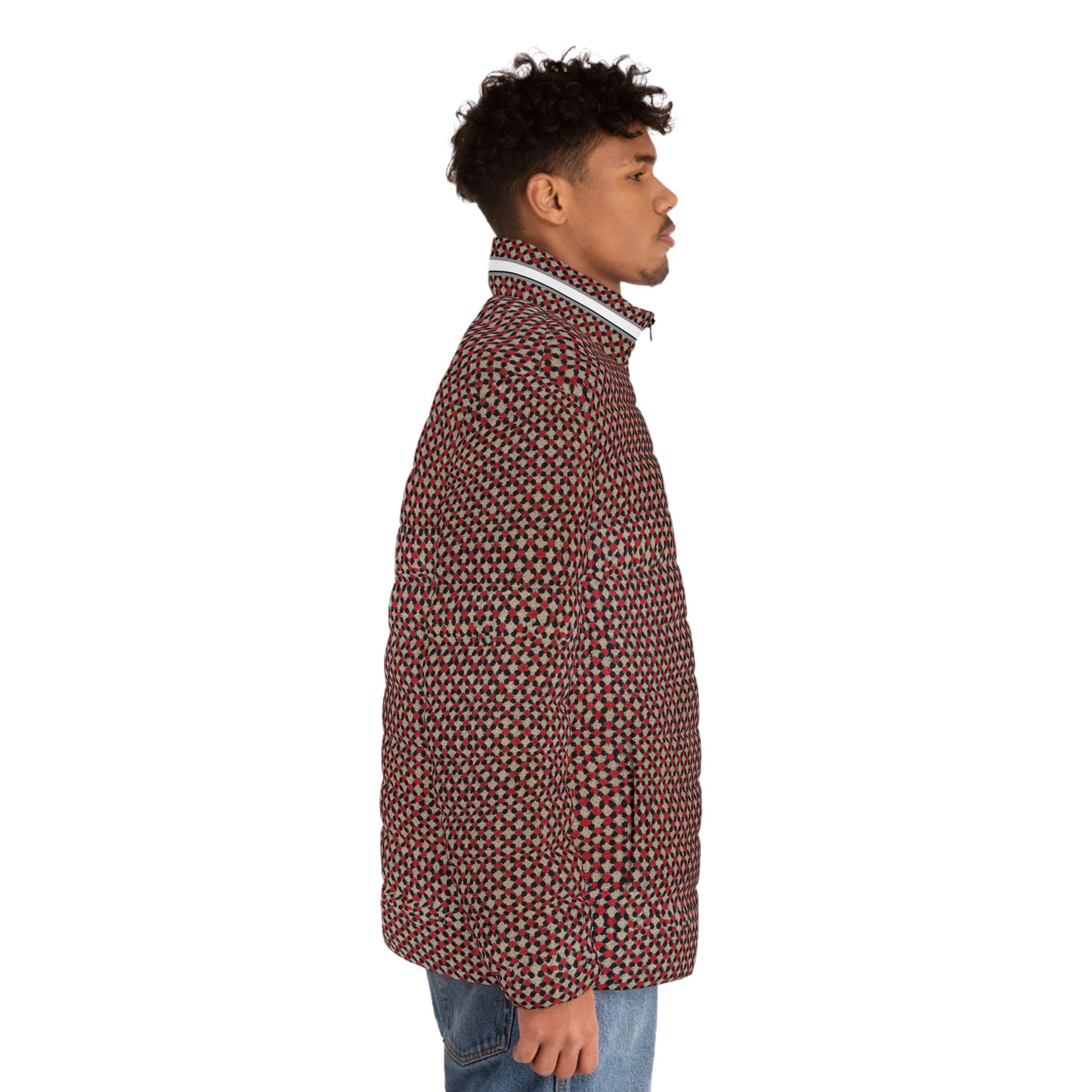 Men's Geometric Pattern Puffer Jacket — Red All-Over Print Printify bakabo.club