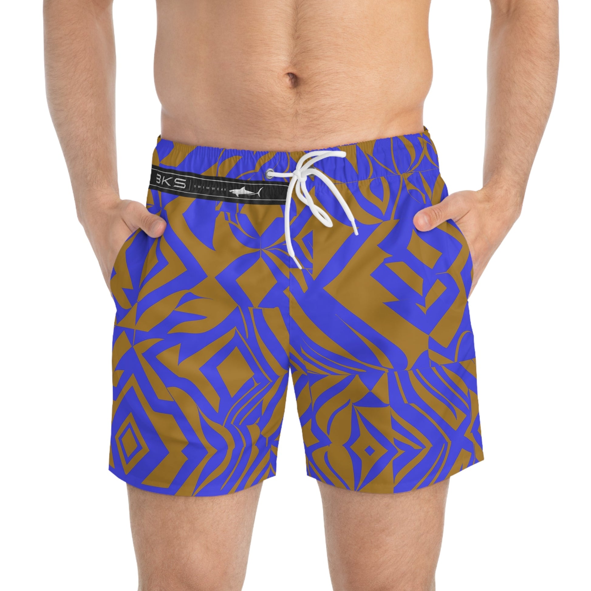 Geometric Wave Swim Trunks — Blue & Gold All-Over Print Printify bakabo.club