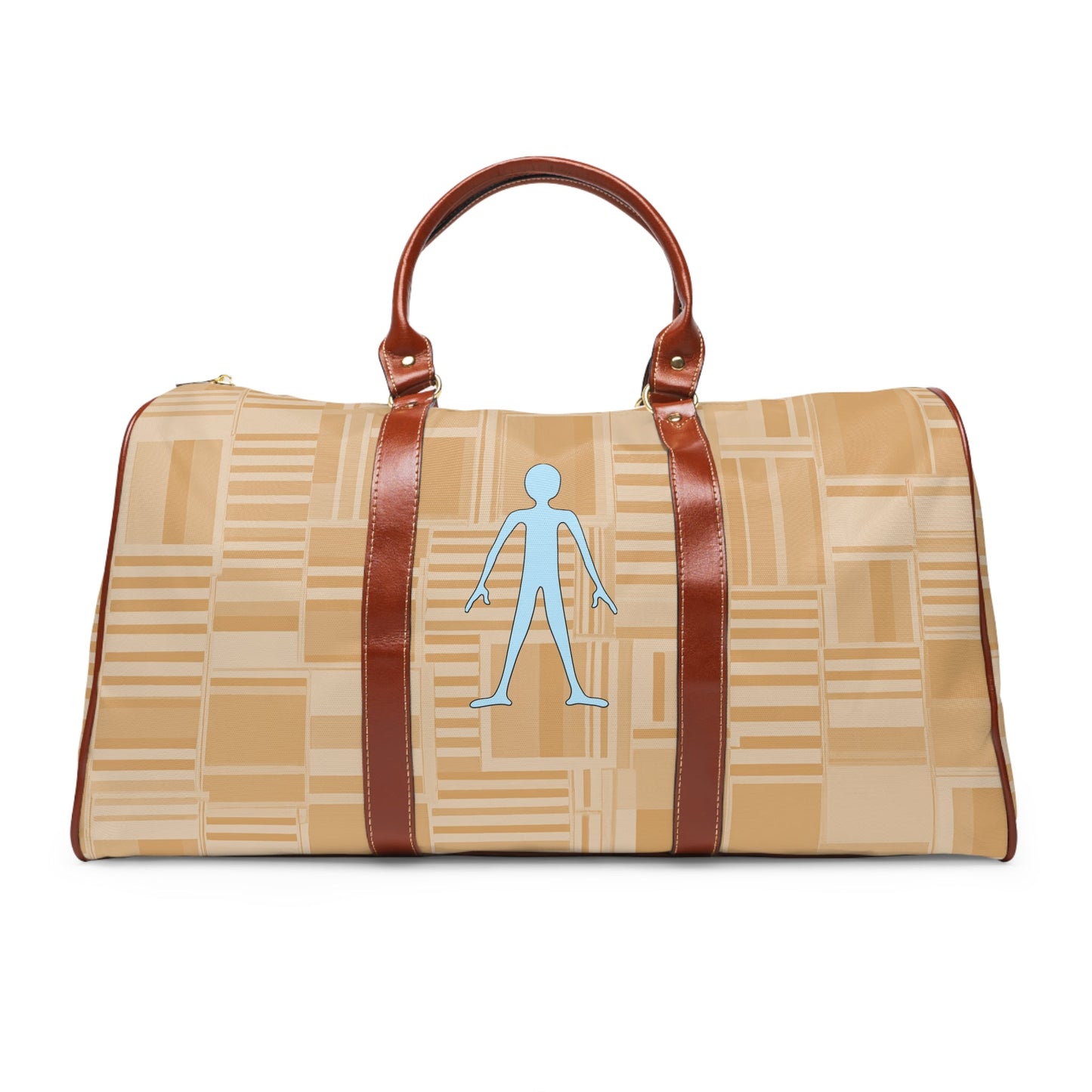 Waterproof Travel Bag — Beige Geometric Weekender with Blue Stick Figure Printify bakabo.club