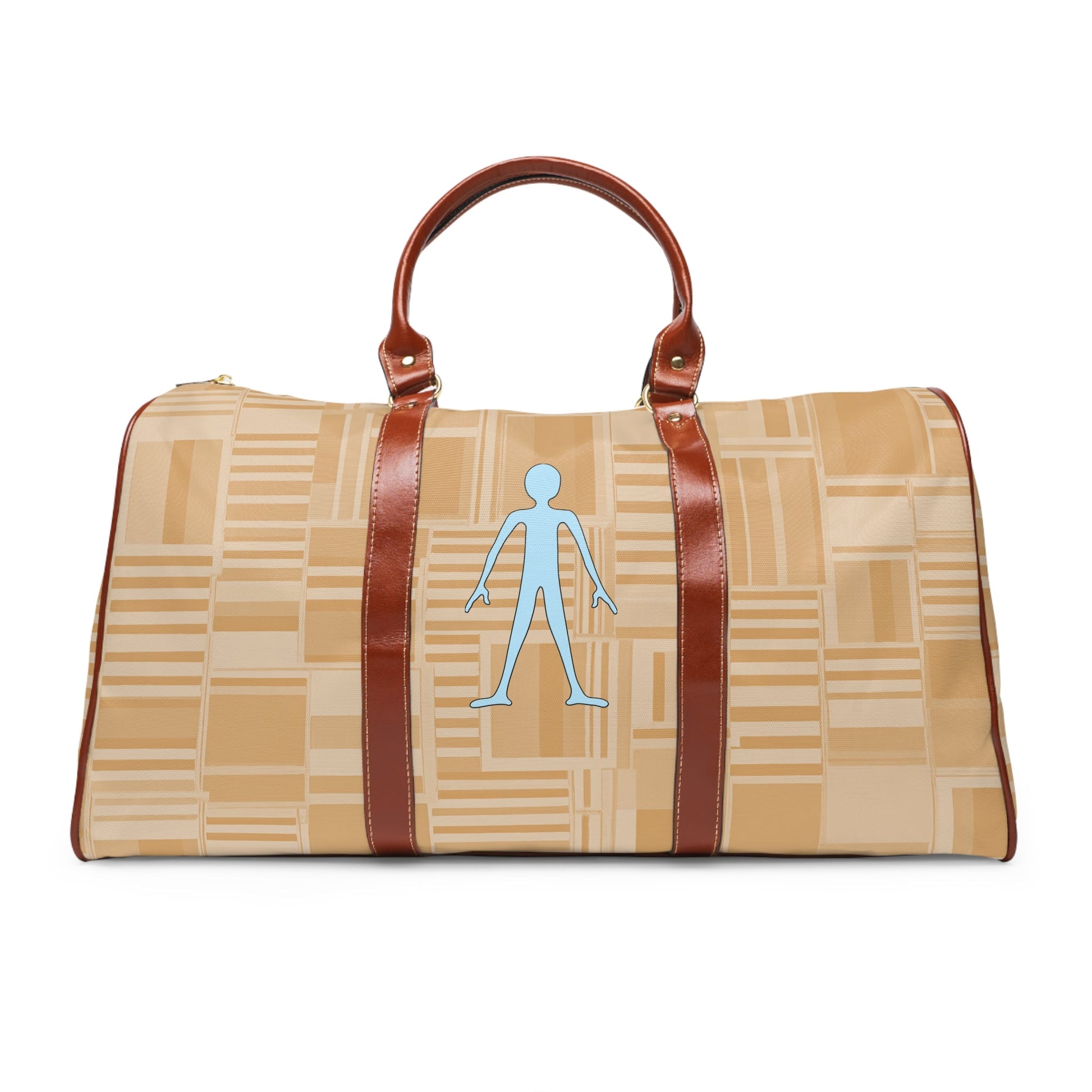 Waterproof Travel Bag — Beige Geometric Weekender with Blue Stick Figure Printify bakabo.club