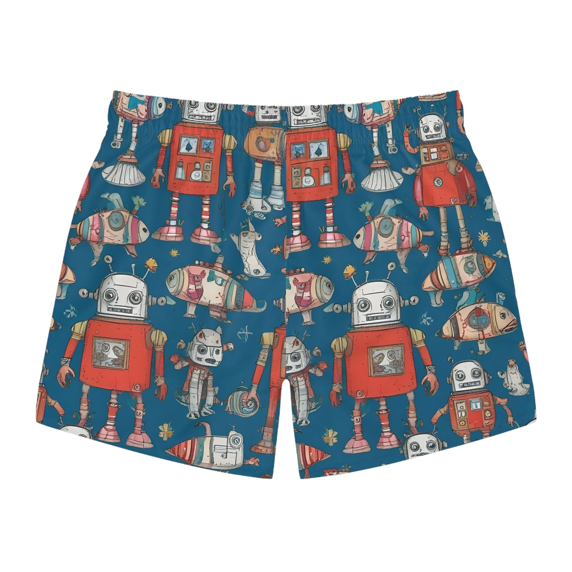 Retro Robot Swim Trunks — Vintage Toy Robot All-Over Print Swim Shorts Printify bakabo.club