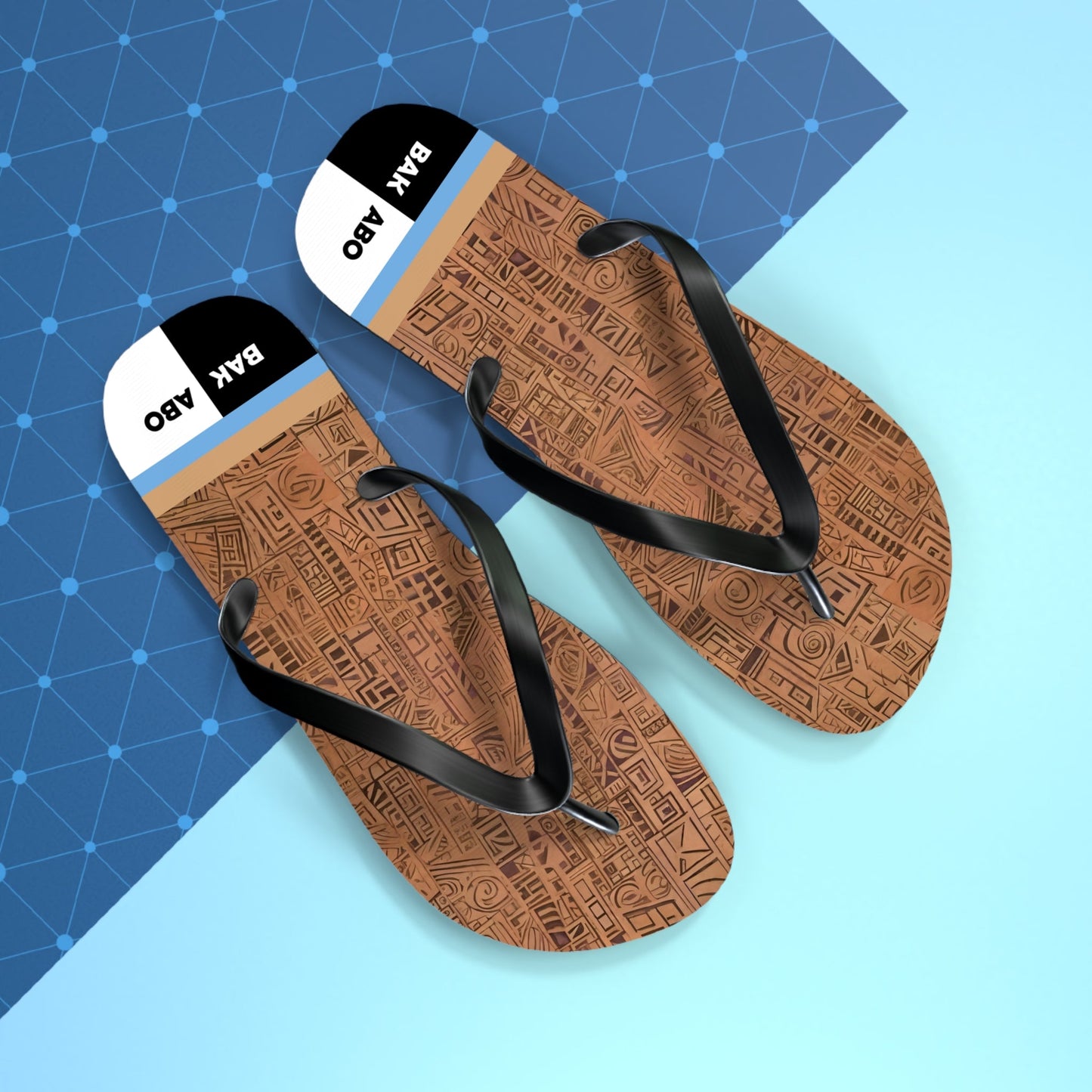 Tribal Carved Wood Pattern Flip Flops – Beach Sandals with Geometric Tiki Design Printify bakabo.club