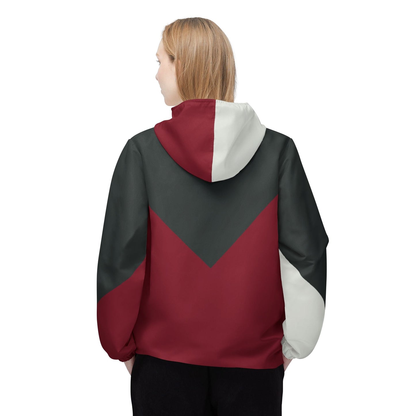 Colorblock Chevron Windbreaker Jacket — Red, Charcoal & White Hooded Jacket Printify bakabo.club