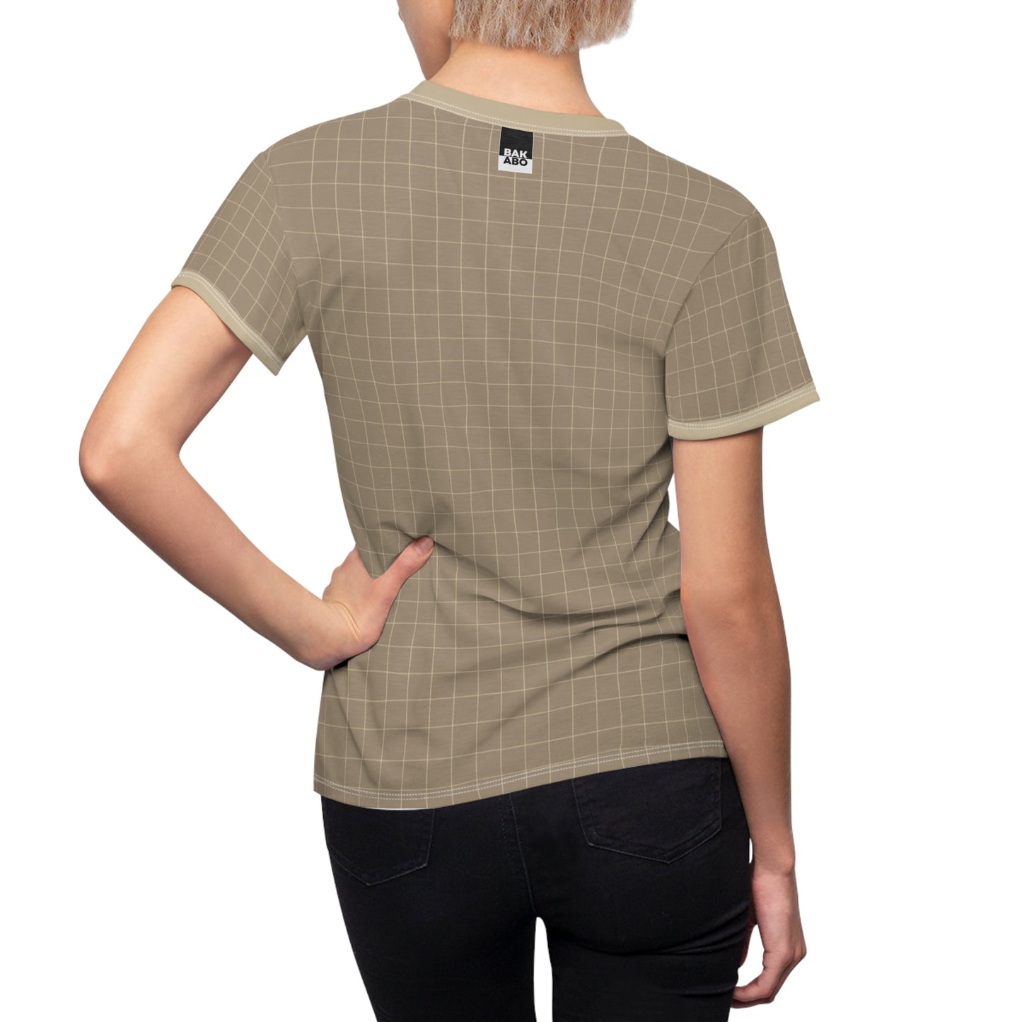 Beige Grid Women's Tee — 'BKS' Minimal Graphic Cut & Sew T‑Shirt Printify bakabo.club