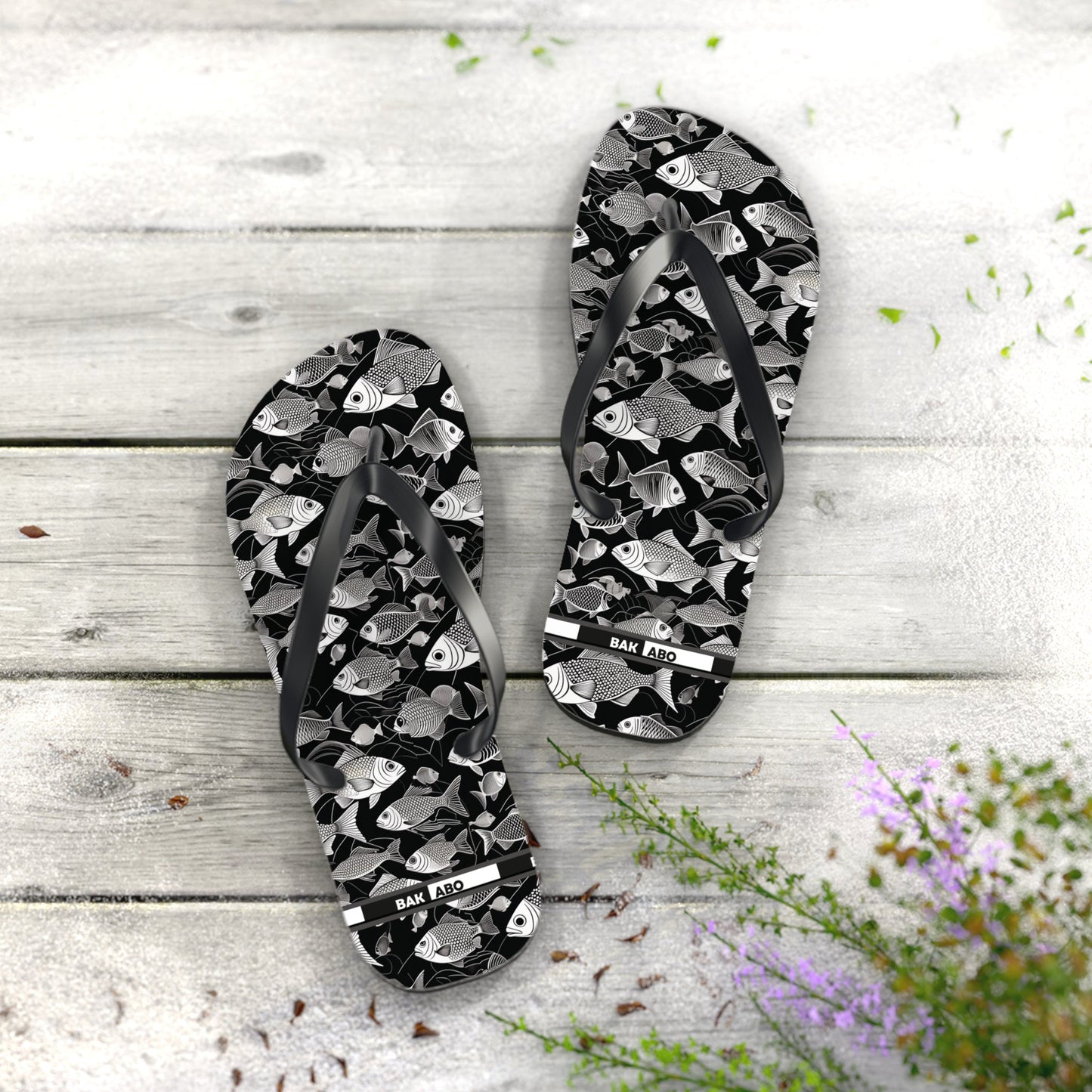 Tropical Fish Flip Flops — Black & White Beach Sandals with Fish Pattern Printify bakabo.club
