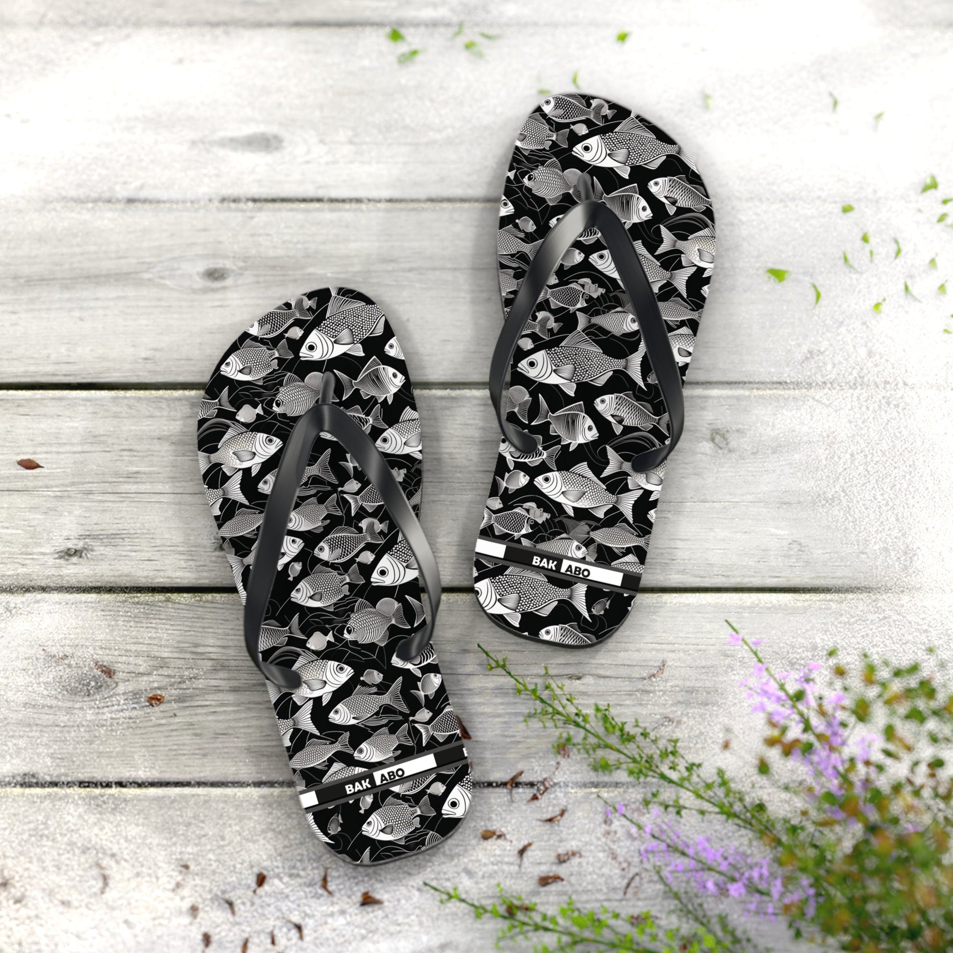 Tropical Fish Flip Flops — Black & White Beach Sandals with Fish Pattern Printify bakabo.club