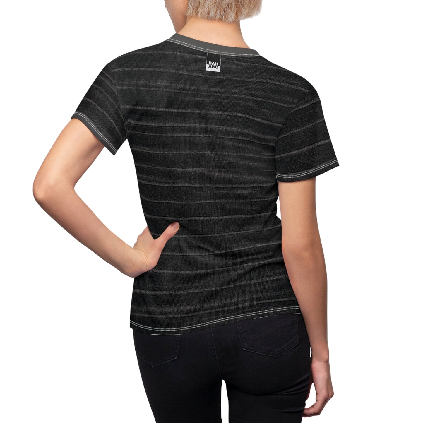 Women’s Black Washed Stripe Tee — ‘BKS’ Minimal Logo Printify bakabo.club