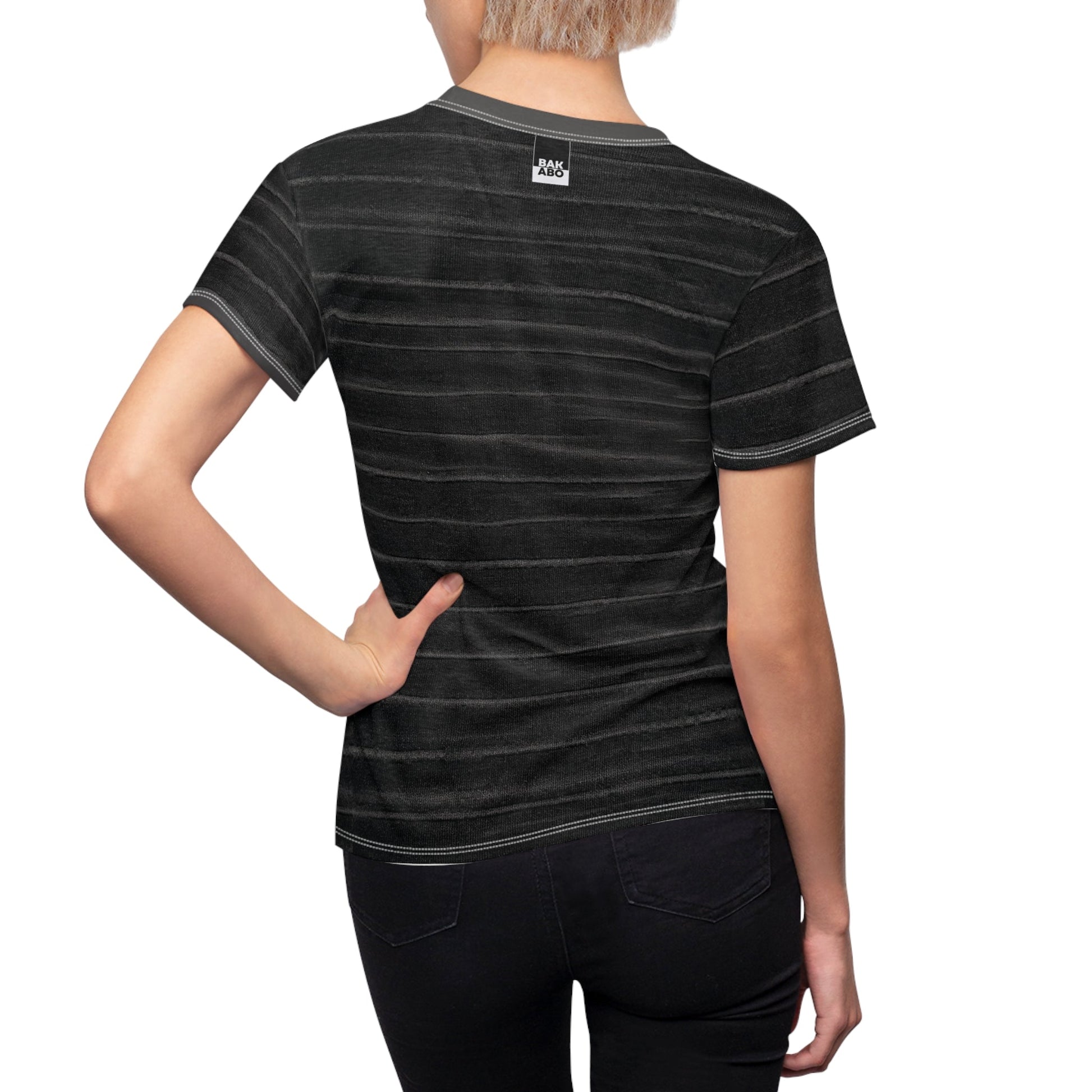 Women’s Black Washed Stripe Tee — ‘BKS’ Minimal Logo Printify bakabo.club