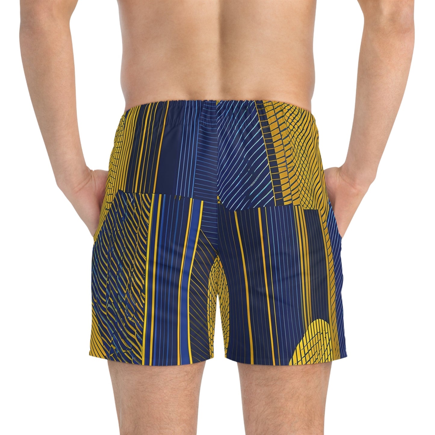 Men's Blue & Gold Geometric Swim Trunks – Striped AOP Beach Shorts