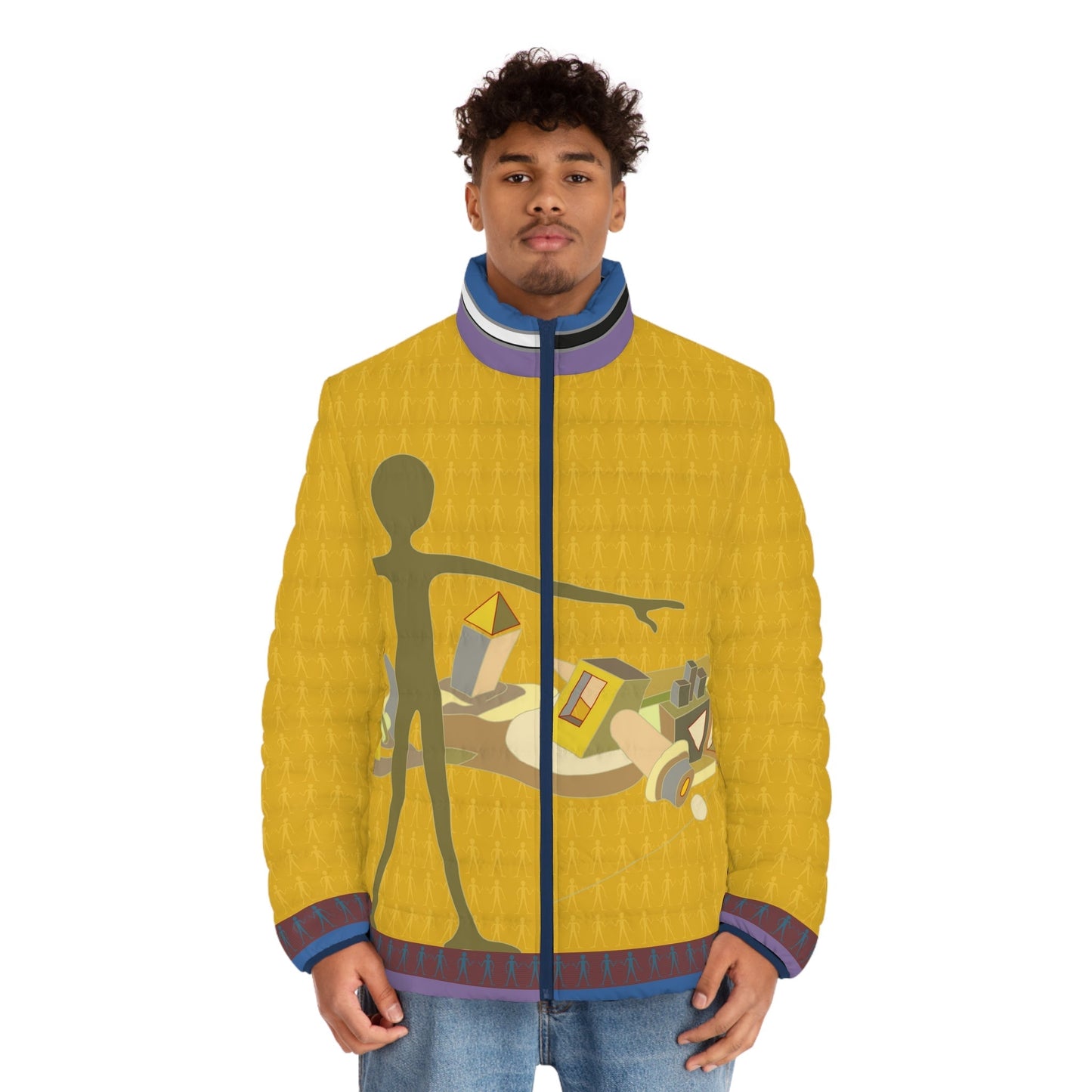Abstract Art Puffer Jacket — Yellow Figure & Collage All-Over Print