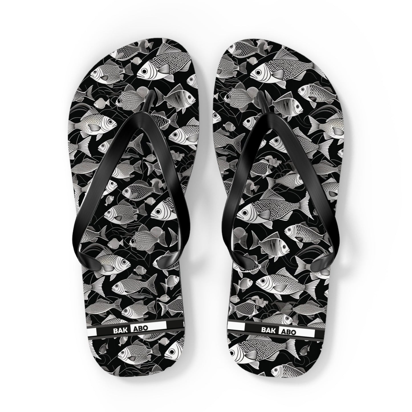 Tropical Fish Flip Flops — Black & White Beach Sandals with Fish Pattern Printify bakabo.club