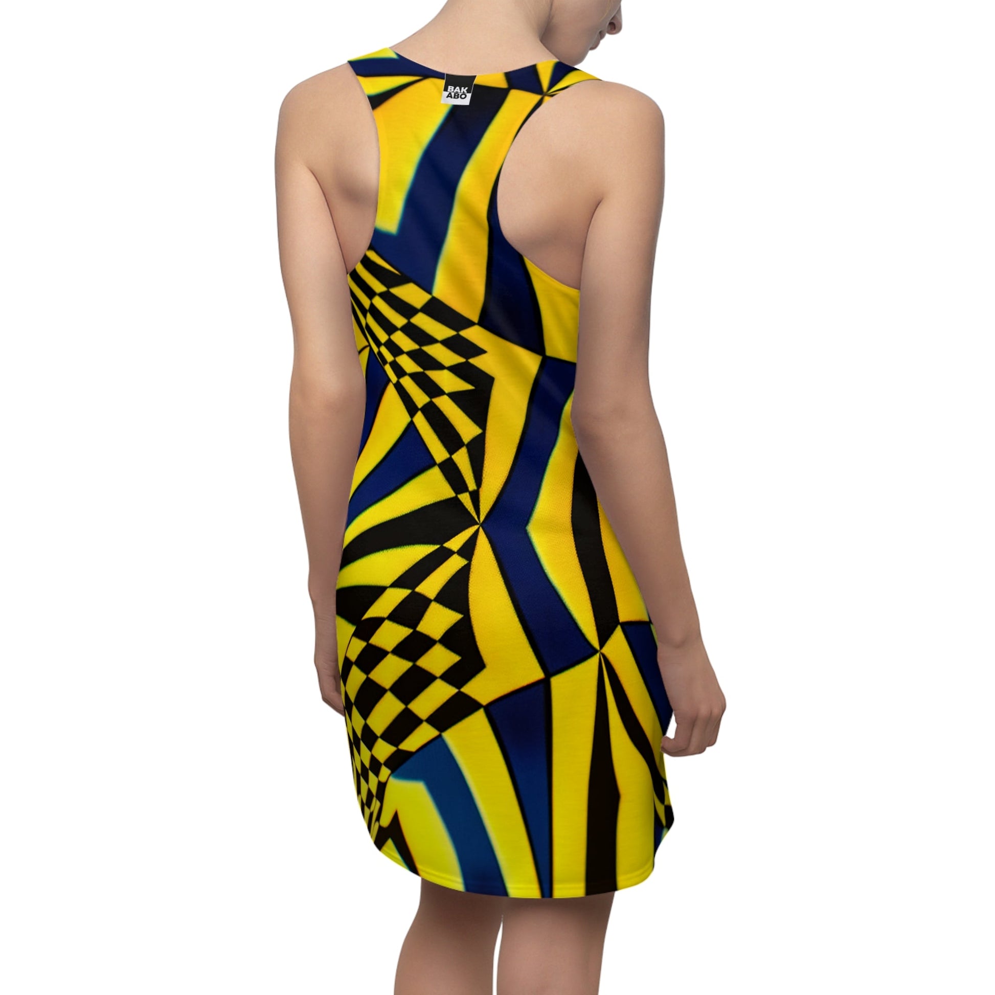 Racerback Dress — Bold Yellow & Navy Optical Check Spiral Print Printify bakabo.club