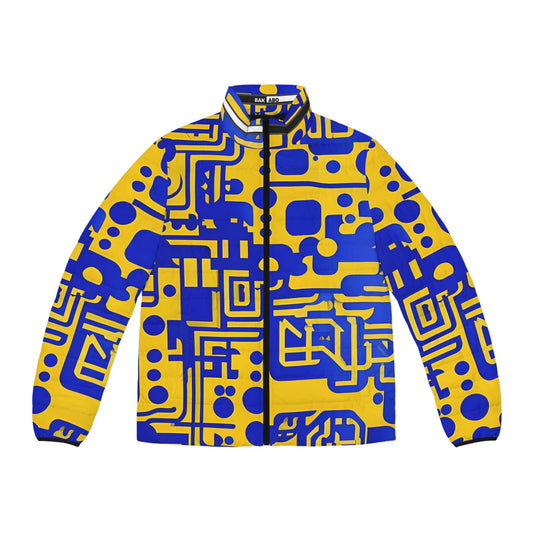 Men's Geometric Circuit Puffer Jacket – Bold Blue & Yellow Pattern Printify bakabo.club