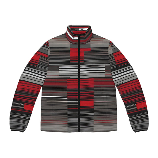 Men's Geometric Striped Puffer Jacket — Red & Gray Modern Block Print Printify bakabo.club