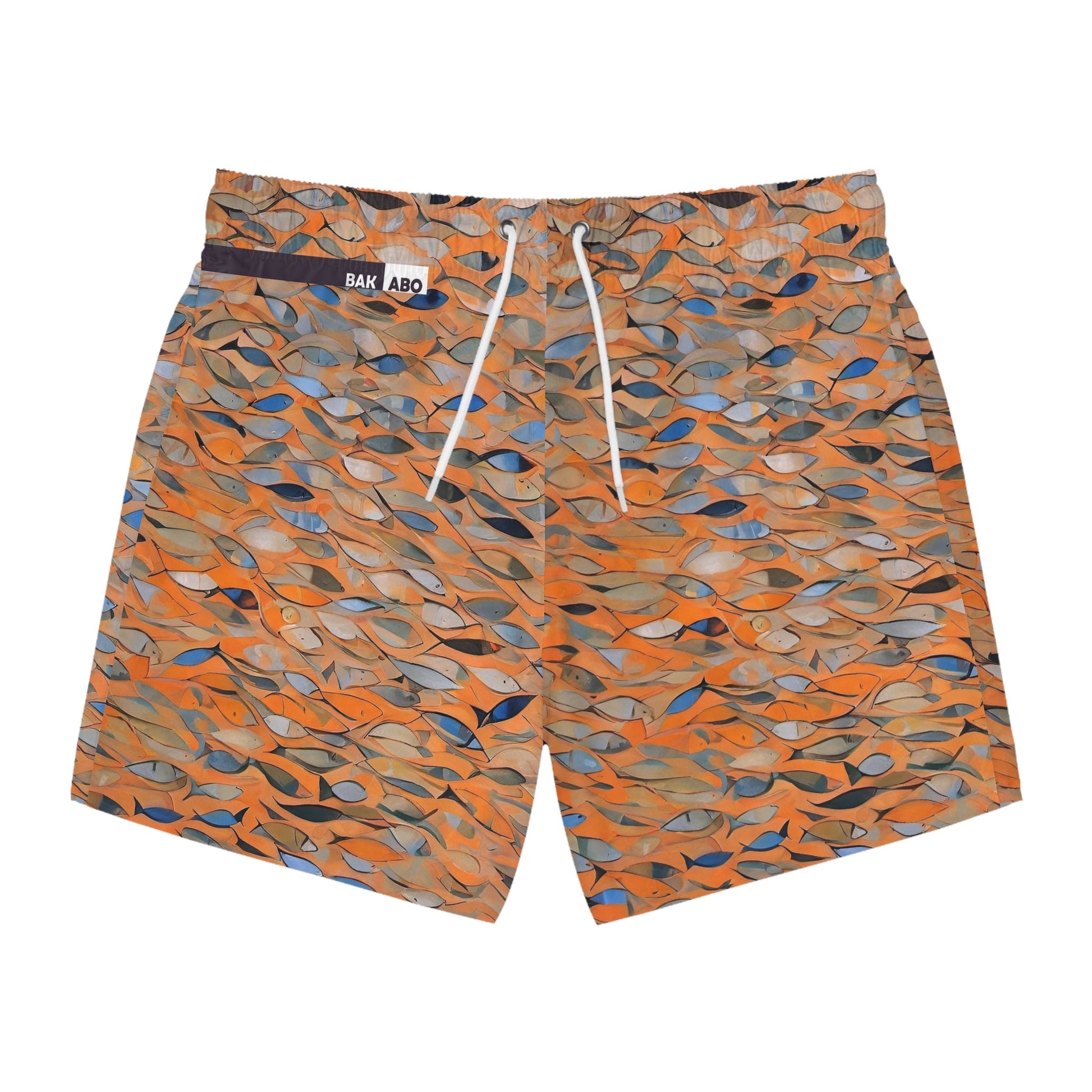 Fish School Swim Trunks — Orange Abstract All-Over-Print Beach Shorts Printify bakabo.club