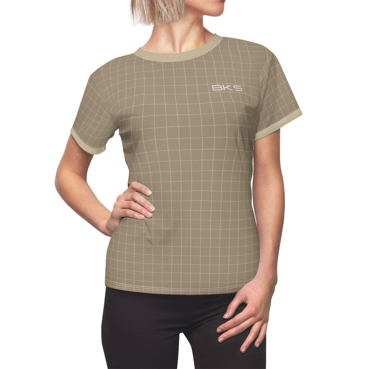 Beige Grid Women's Tee — 'BKS' Minimal Graphic Cut & Sew T‑Shirt Printify BKS Studio