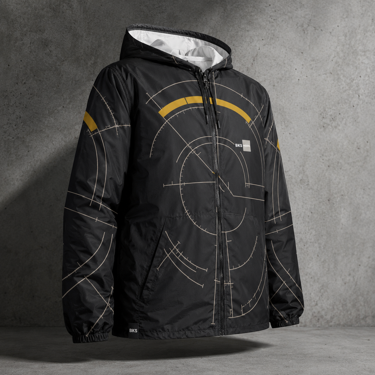 BKS Hours Arc Windbreaker — 3/4 angle floating jacket, Arc pattern visible