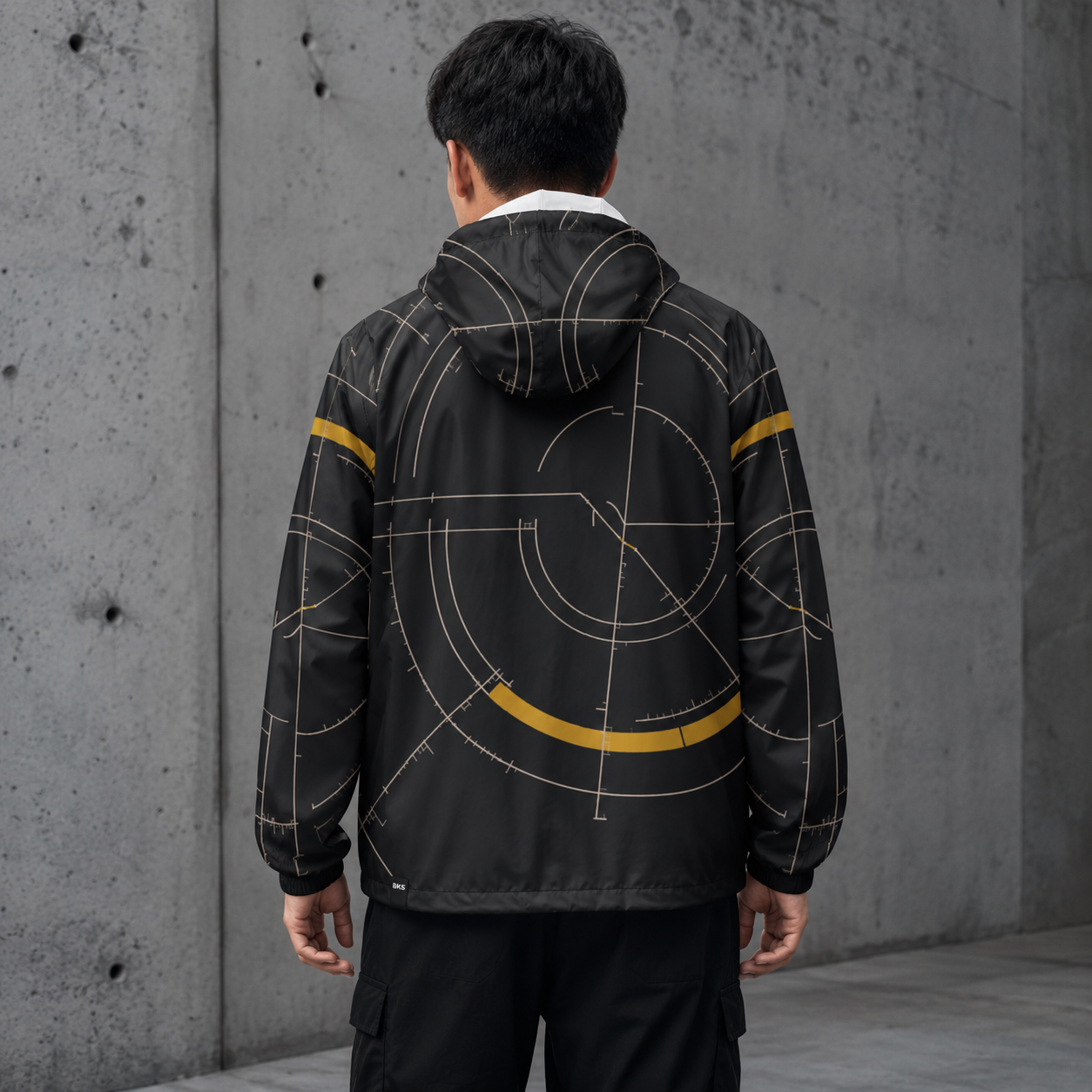 BKS Hours Arc Windbreaker back view — Arc composition on back panel