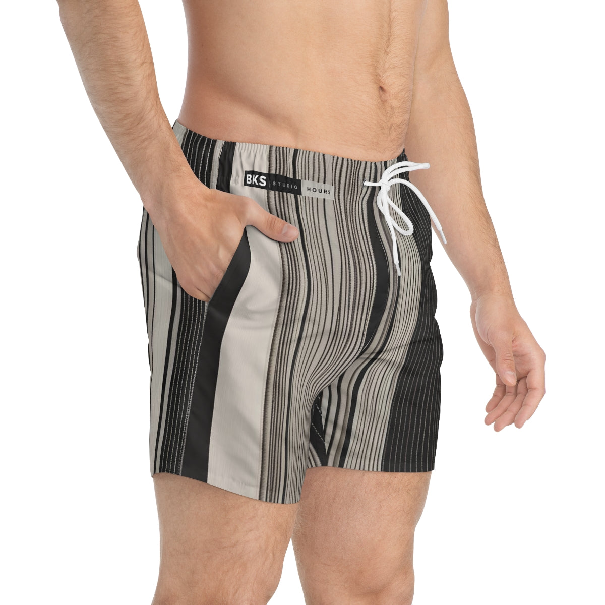 BKS Hours Striped Neutral Swim Trunks - side-person