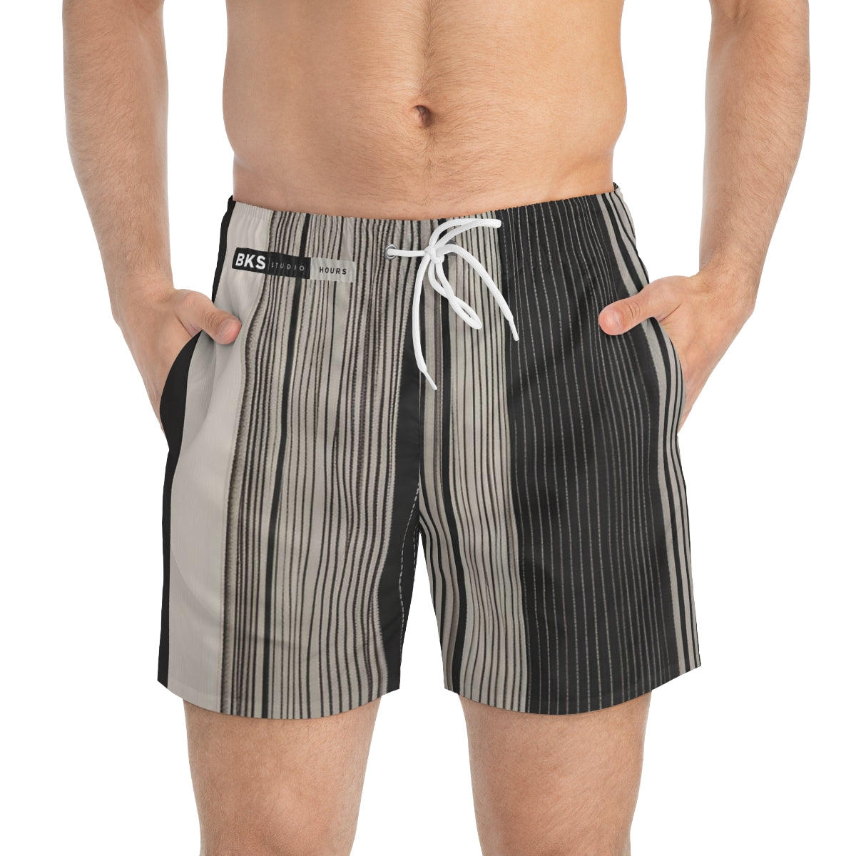 BKS Hours Striped Neutral Swim Trunks - front-person