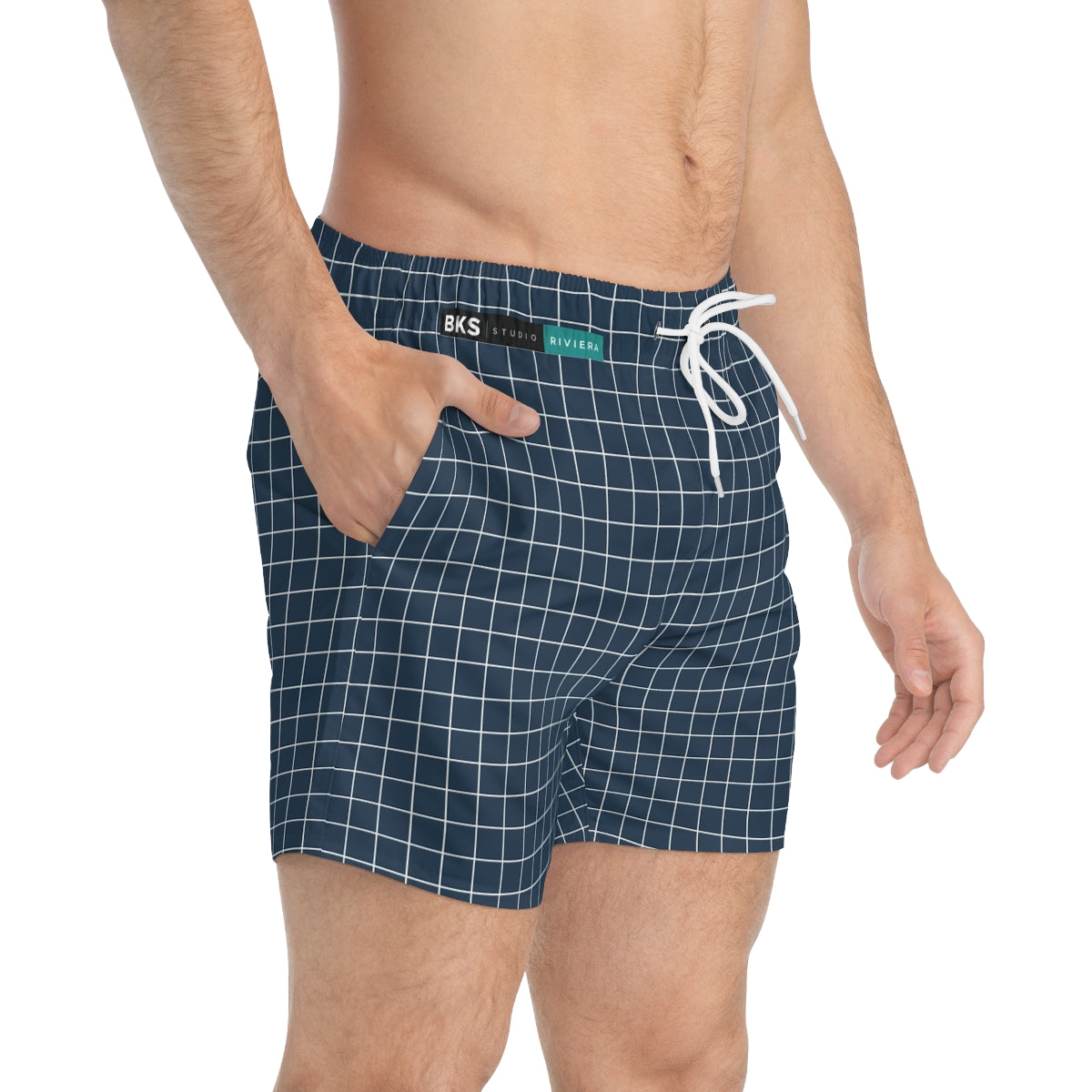 BKS Riviera Coast Grid Blue Swim Trunks - side-person