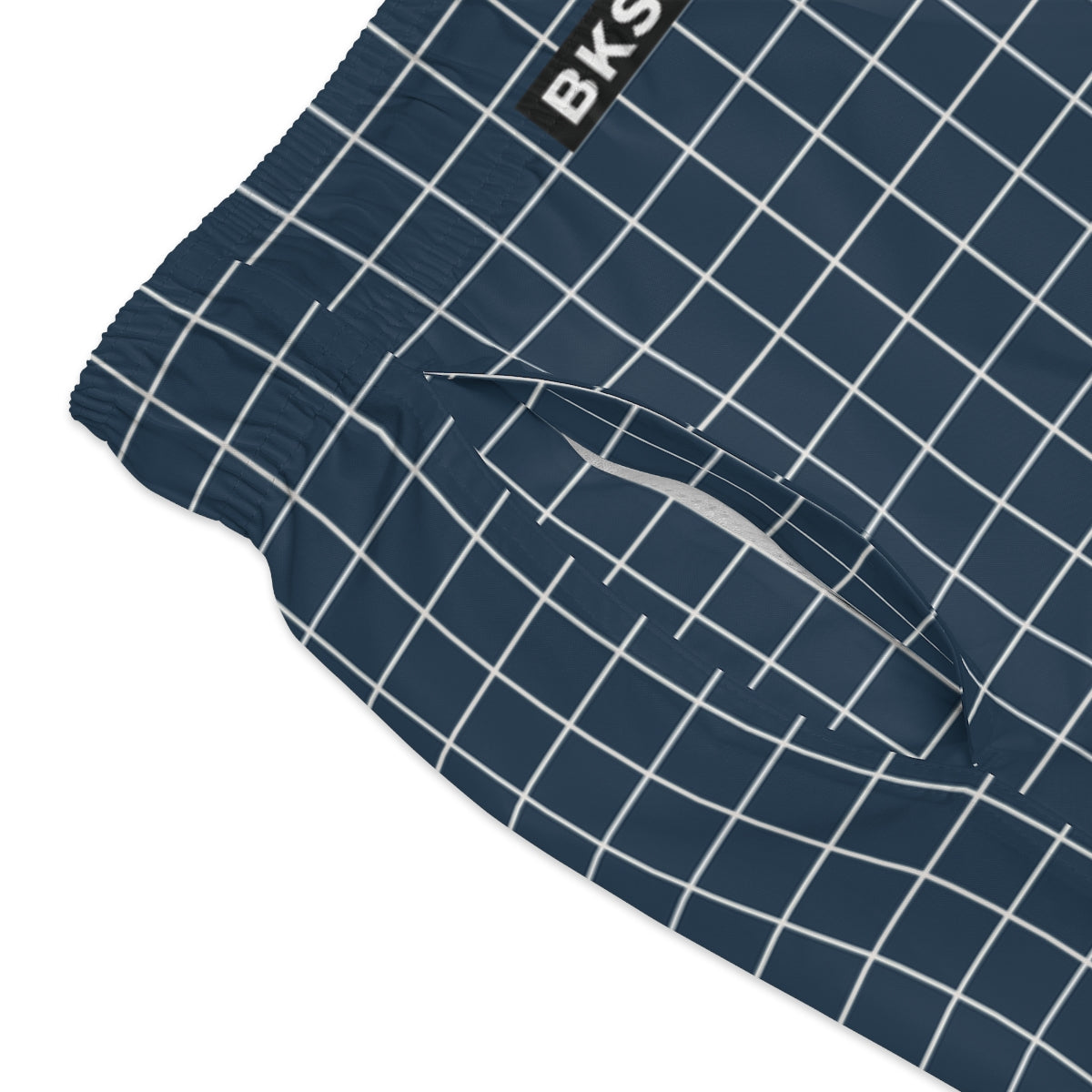 BKS Riviera Coast Grid Blue Swim Trunks - close-up