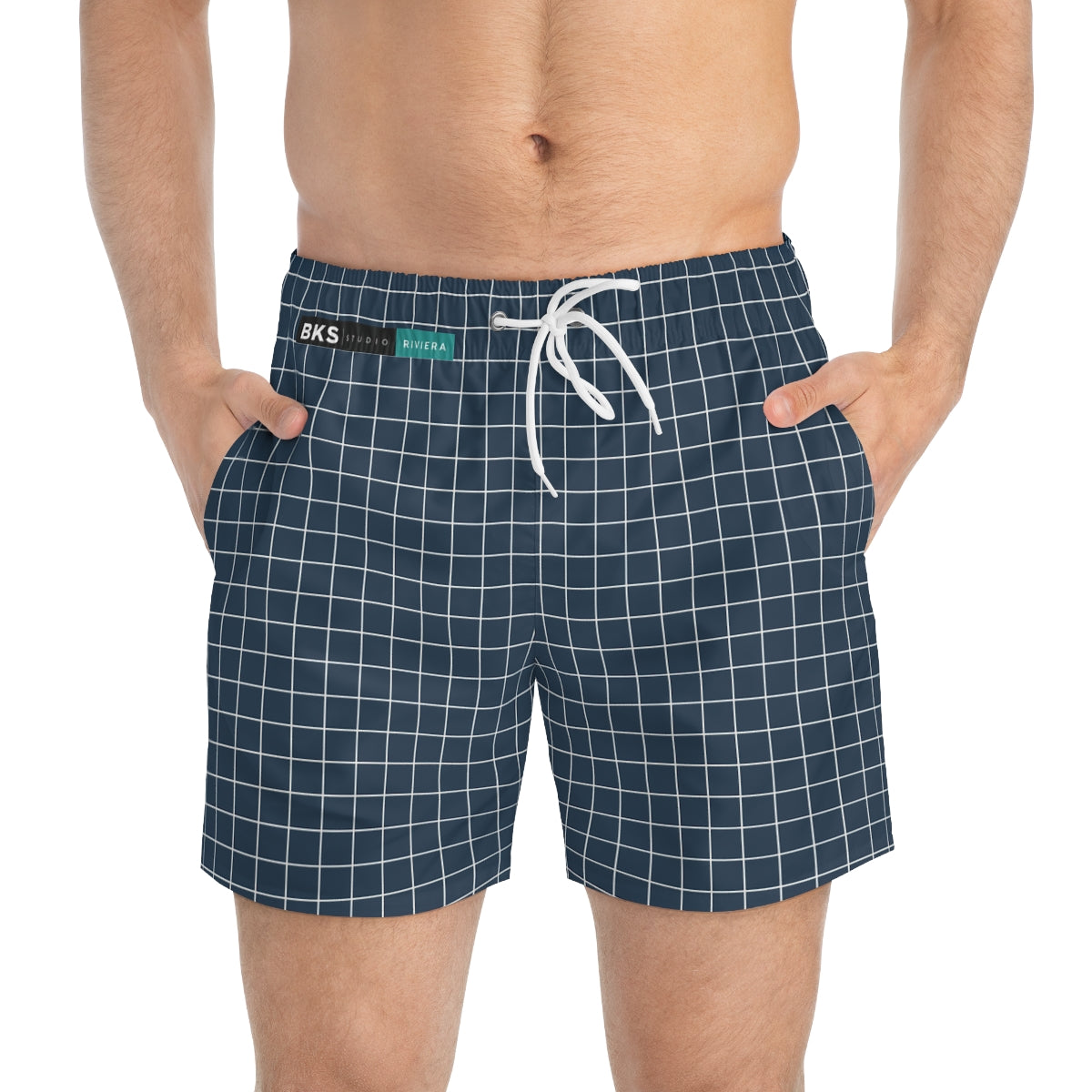 BKS Riviera Coast Grid Blue Swim Trunks - front-person