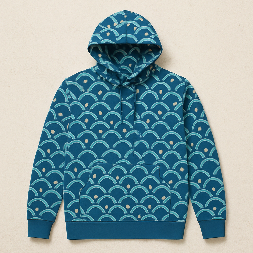 BKS Riviera Tide Pullover Hoodie front flat lay, Mediterranean limestone, sea blue wave-grid AOP