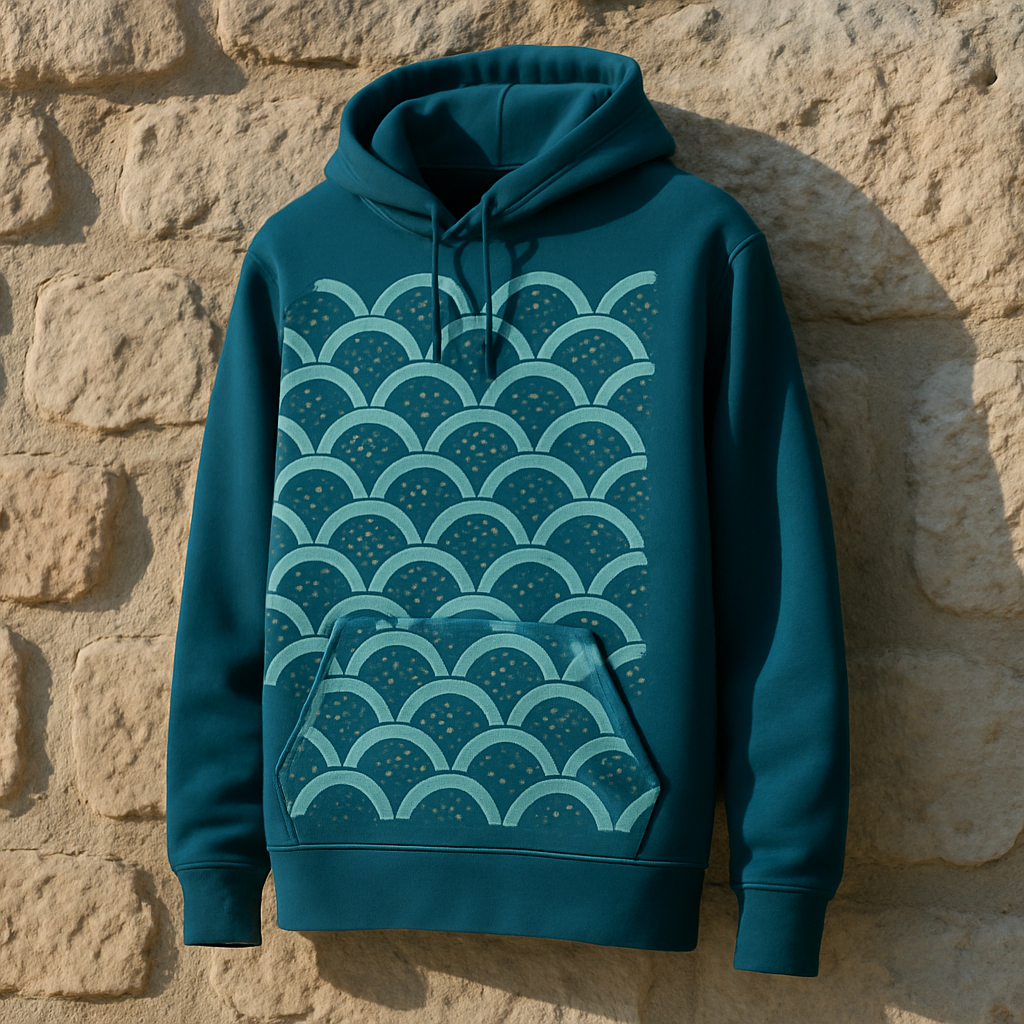 BKS Riviera Tide Pullover Hoodie 3/4 angle against Mediterranean stone wall