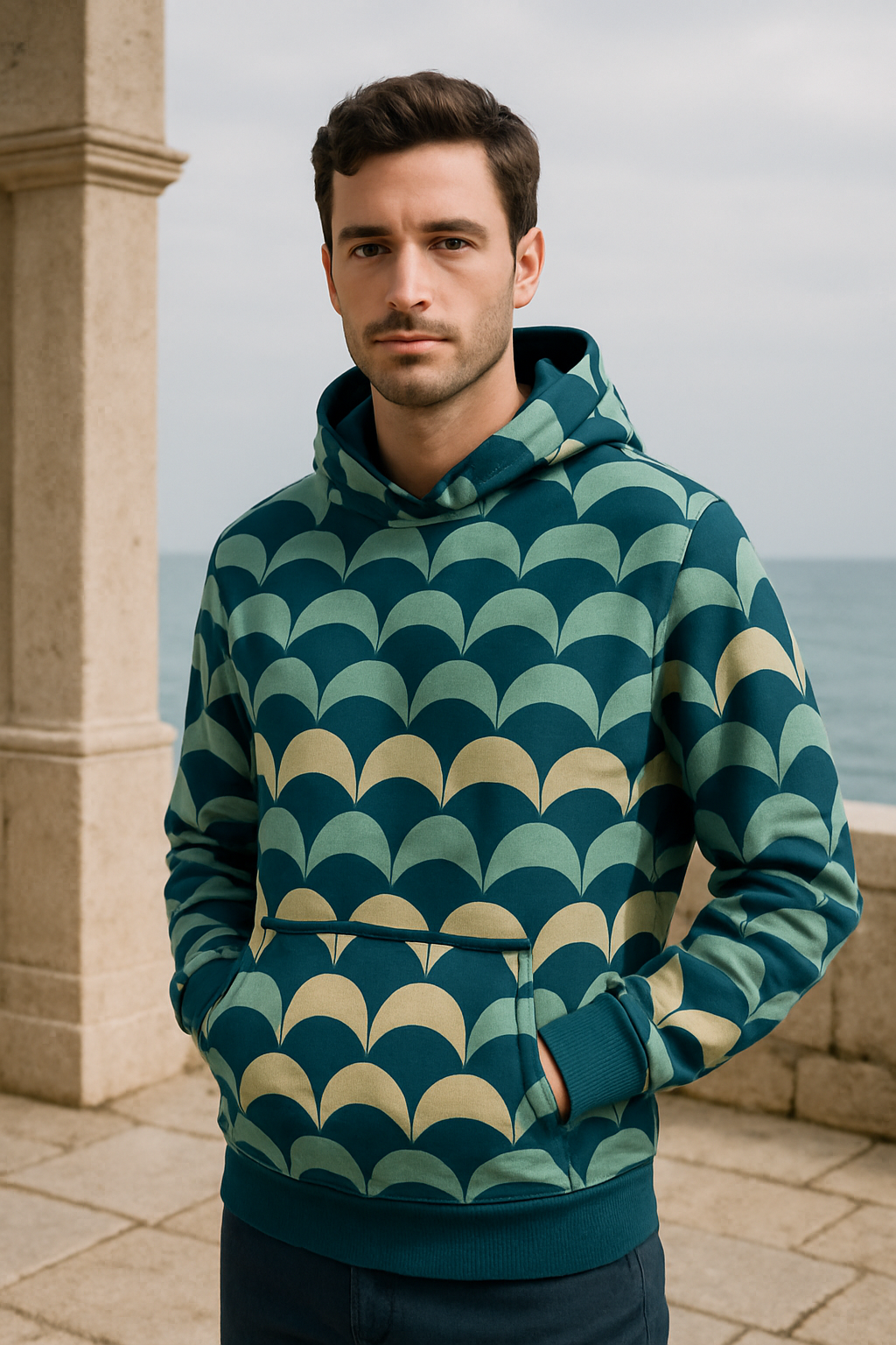 BKS Riviera Tide Pullover Hoodie on model, coastal Mediterranean setting
