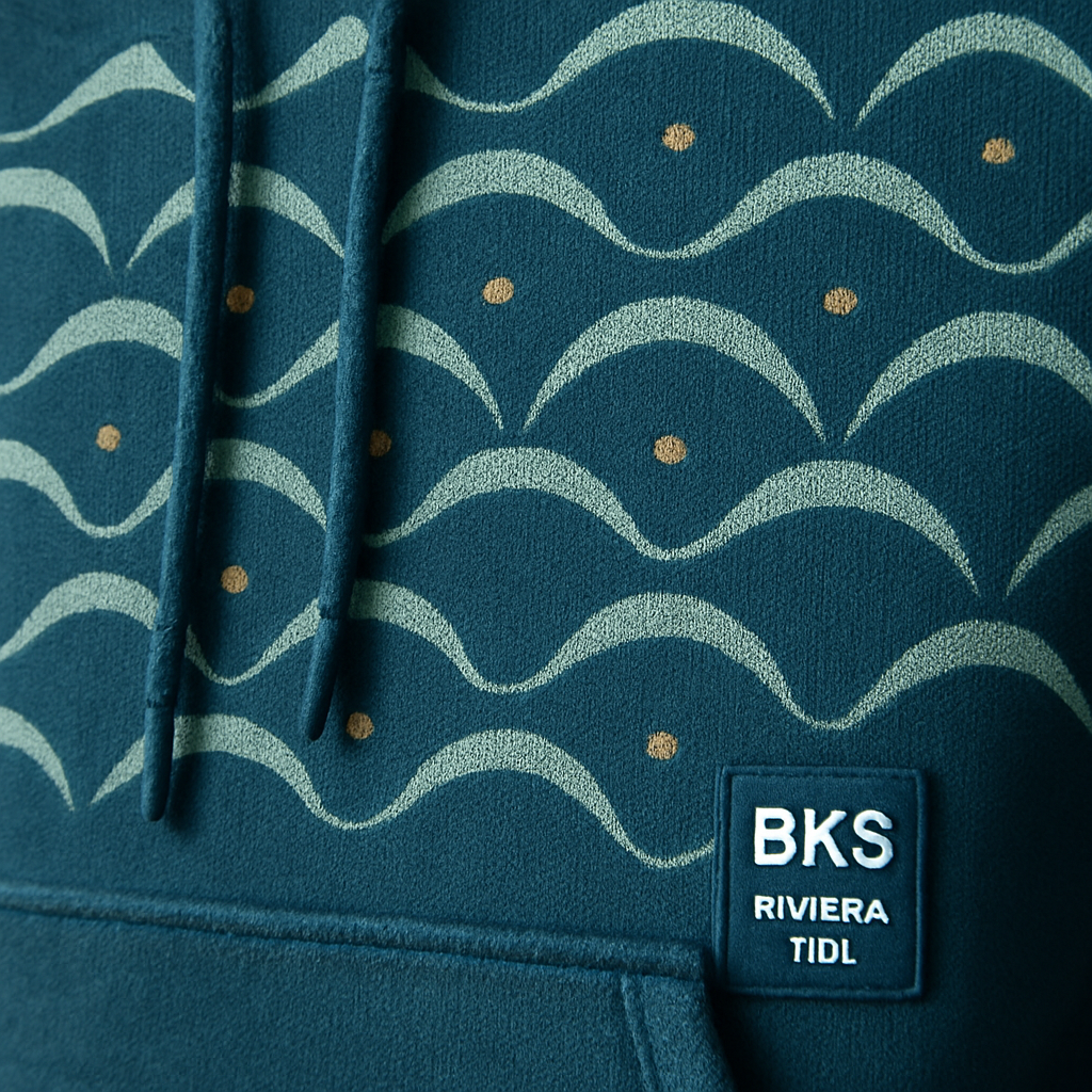 BKS Riviera Tide Hoodie pattern detail — sea foam wave-grid on deep sea blue