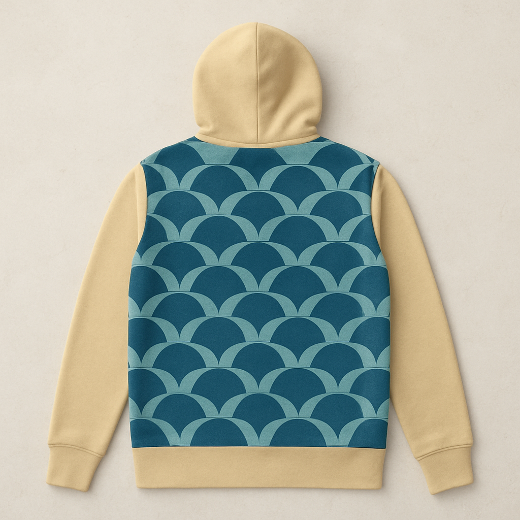 BKS Riviera Tide Pullover Hoodie back view, full AOP Tide pattern