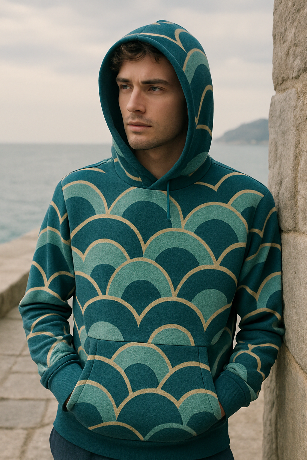 BKS Riviera Tide Pullover Hoodie lifestyle — hood up at Mediterranean waterfront
