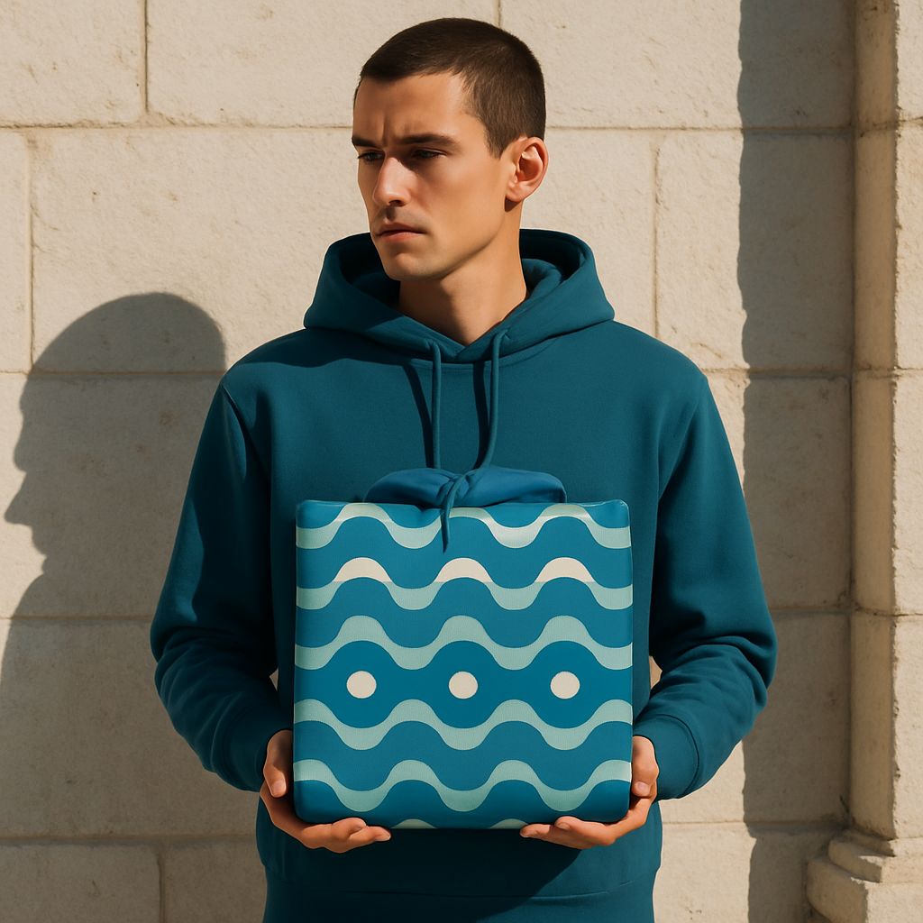 BKS Riviera Tide Pullover Hoodie social — wave-grid pattern, aged stone wall