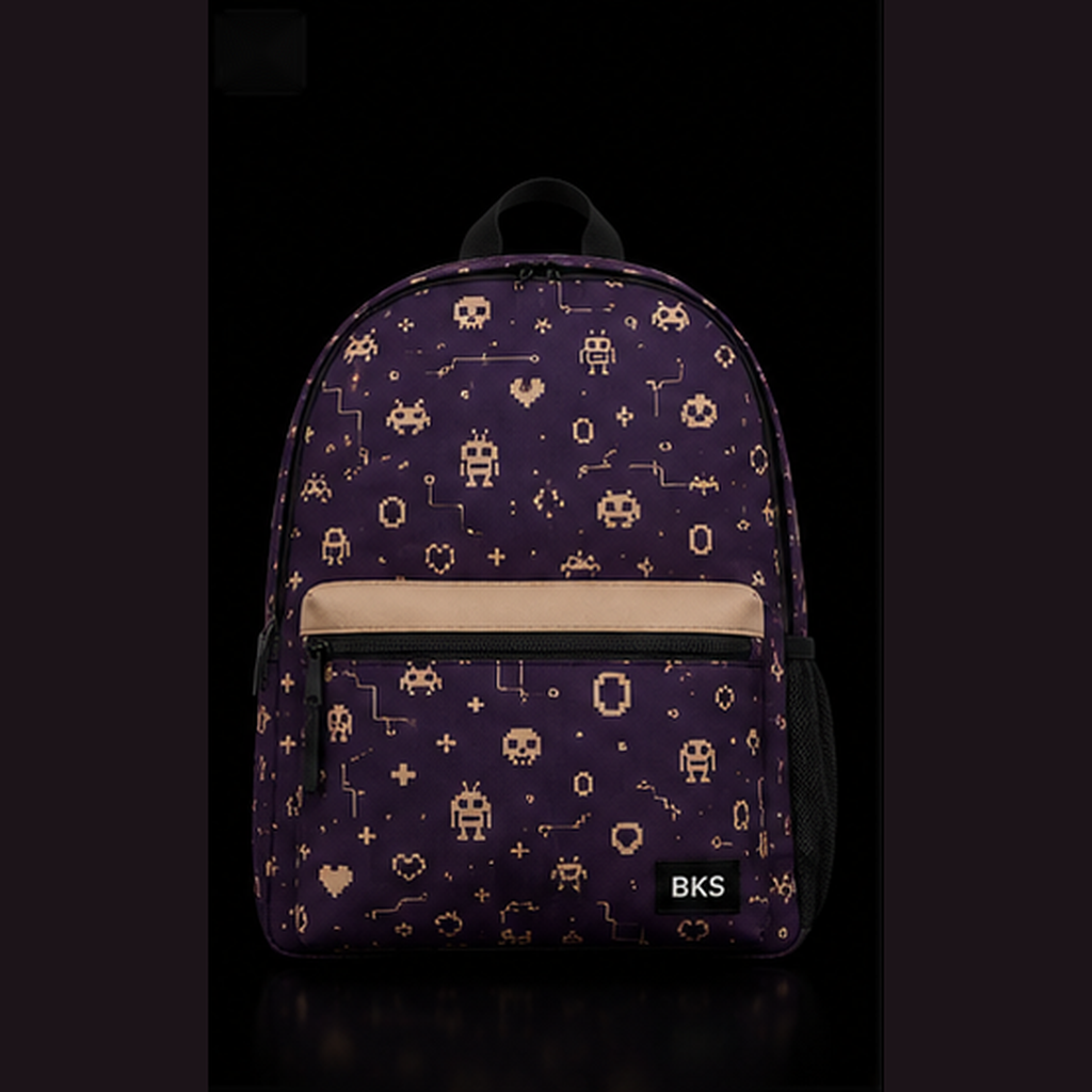 BKS Token Sprite Cache™ Backpack — Hero lifestyle shot, arcade duotone