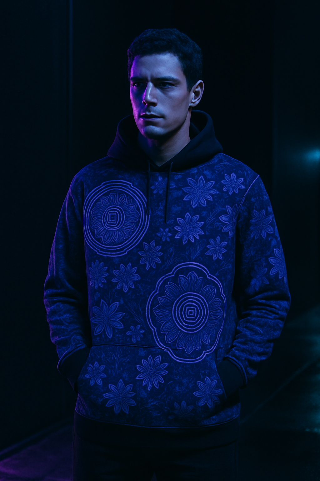 BKS Token Vault Pullover Hoodie -- main product page cover, neon Deakins light