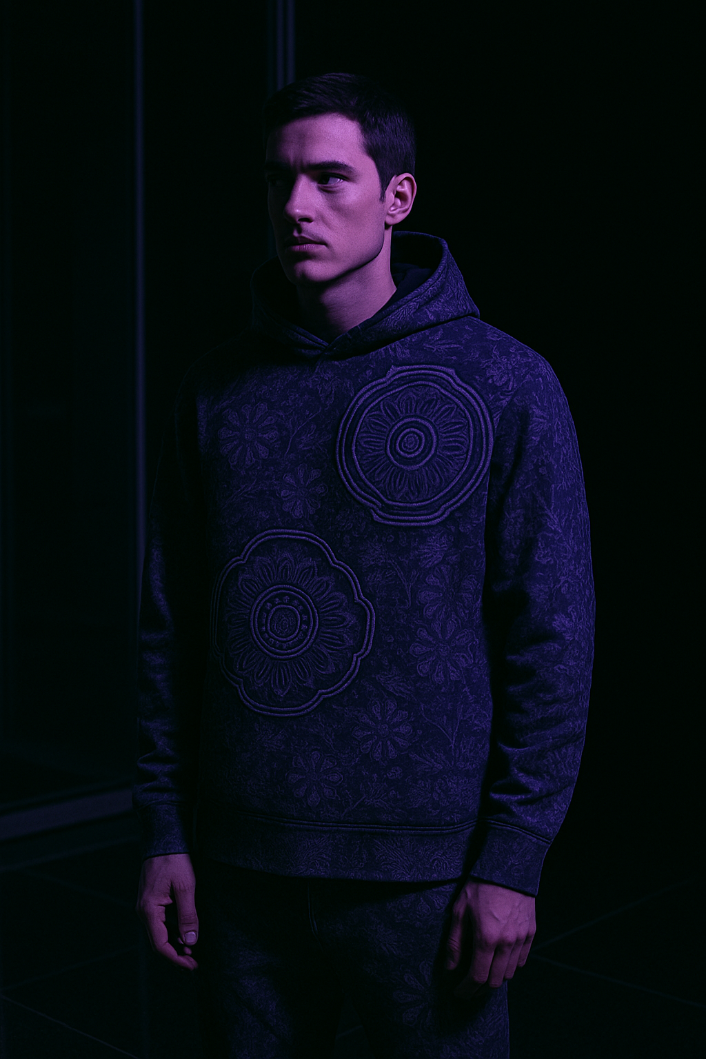 BKS Token Vault Pullover Hoodie on model -- night architecture film still