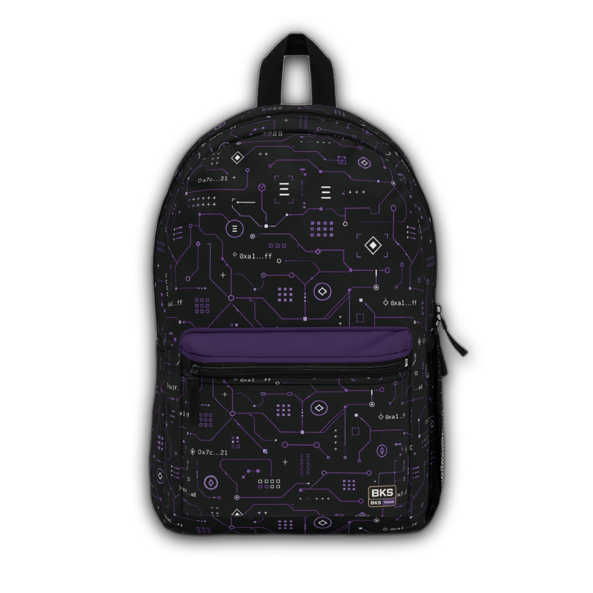 BKS Token Circuit Hash™ Backpack — front view, purple circuit board print — no background