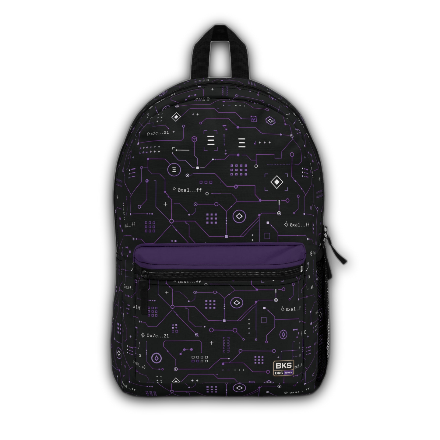 BKS Token Circuit Hash™ Backpack — front view, purple circuit board print — no background