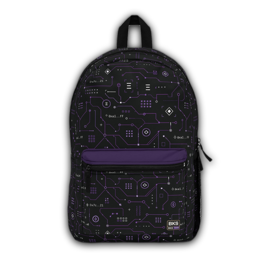 BKS Token Circuit Hash™ Backpack — front view, purple circuit board print — no background